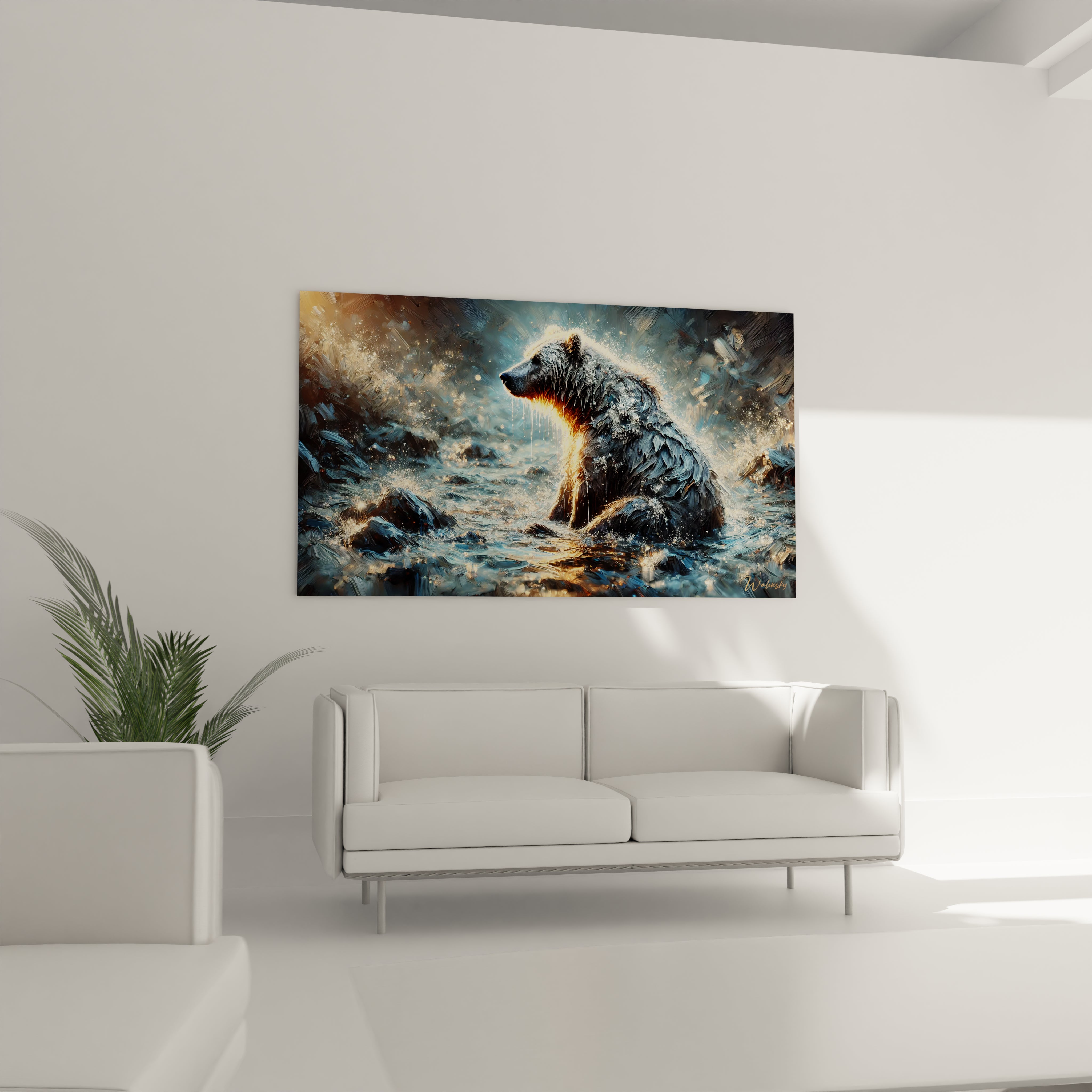 Ajoutez une touche de sophistication sauvage a votre salon avec ce tableau ours brun. L’ours serein et les elements dynamiques creent un contraste ideal pour un espace chaleureux et accueillant.

