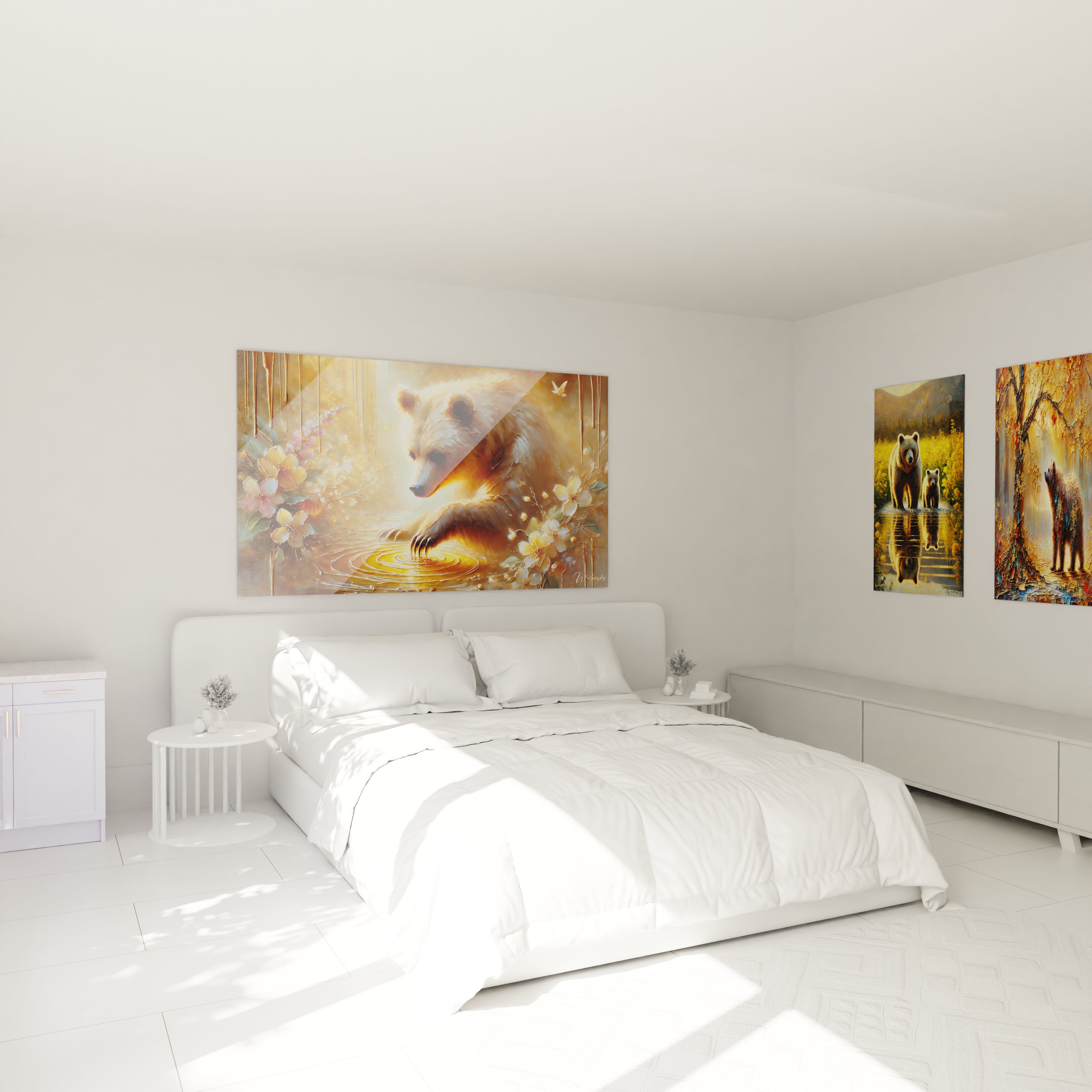 Le tableau ours brun apporte serenite a cette chambre, suspendu au-dessus du lit. Ses couleurs douces et sa lumiere doree creent une ambiance apaisante et harmonieuse.
