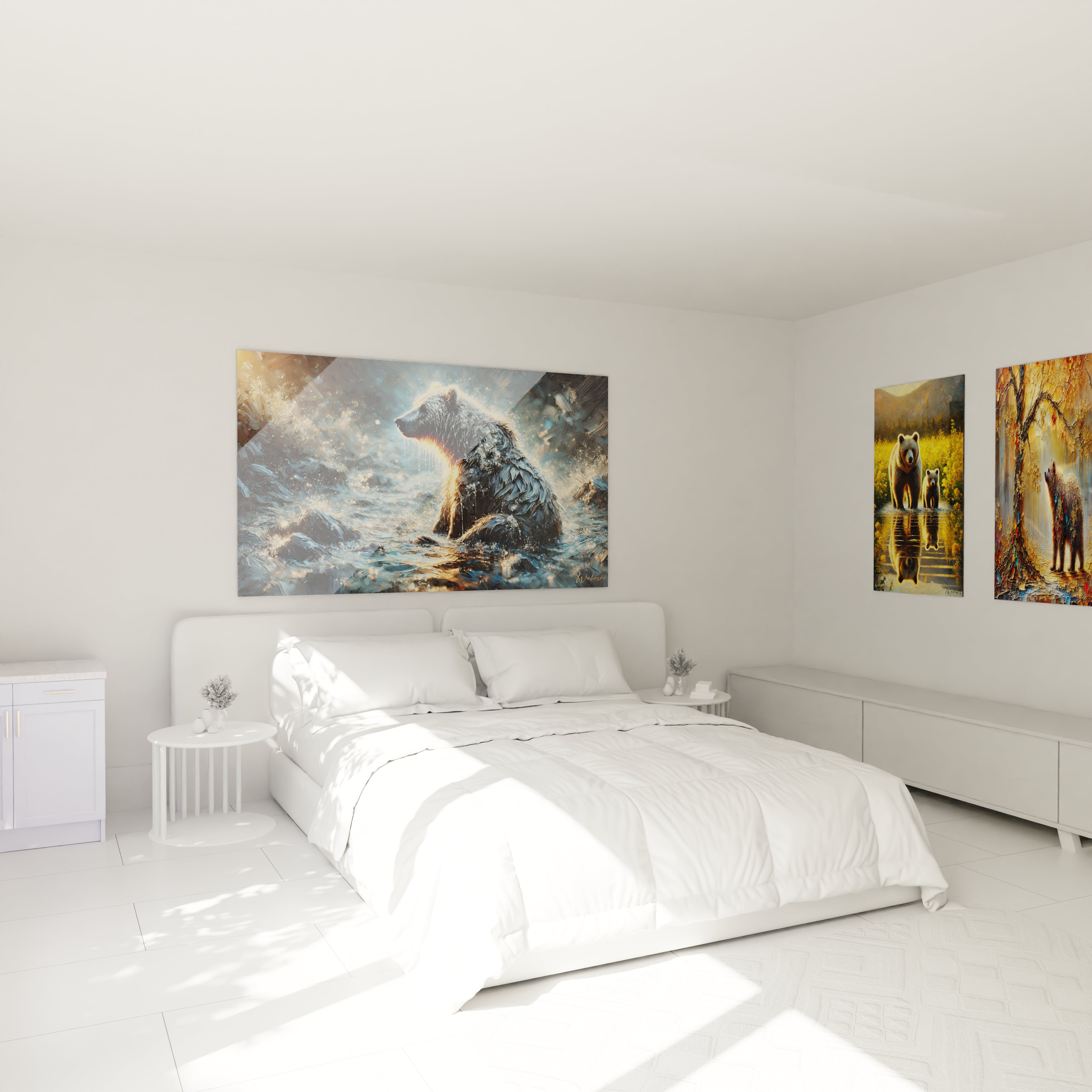 Apportez une ambiance apaisante a votre chambre avec ce tableau ours brun. La scene naturaliste et puissante cree une atmosphere sereine et elegante, ideale pour une decoration inspiree par la nature.

