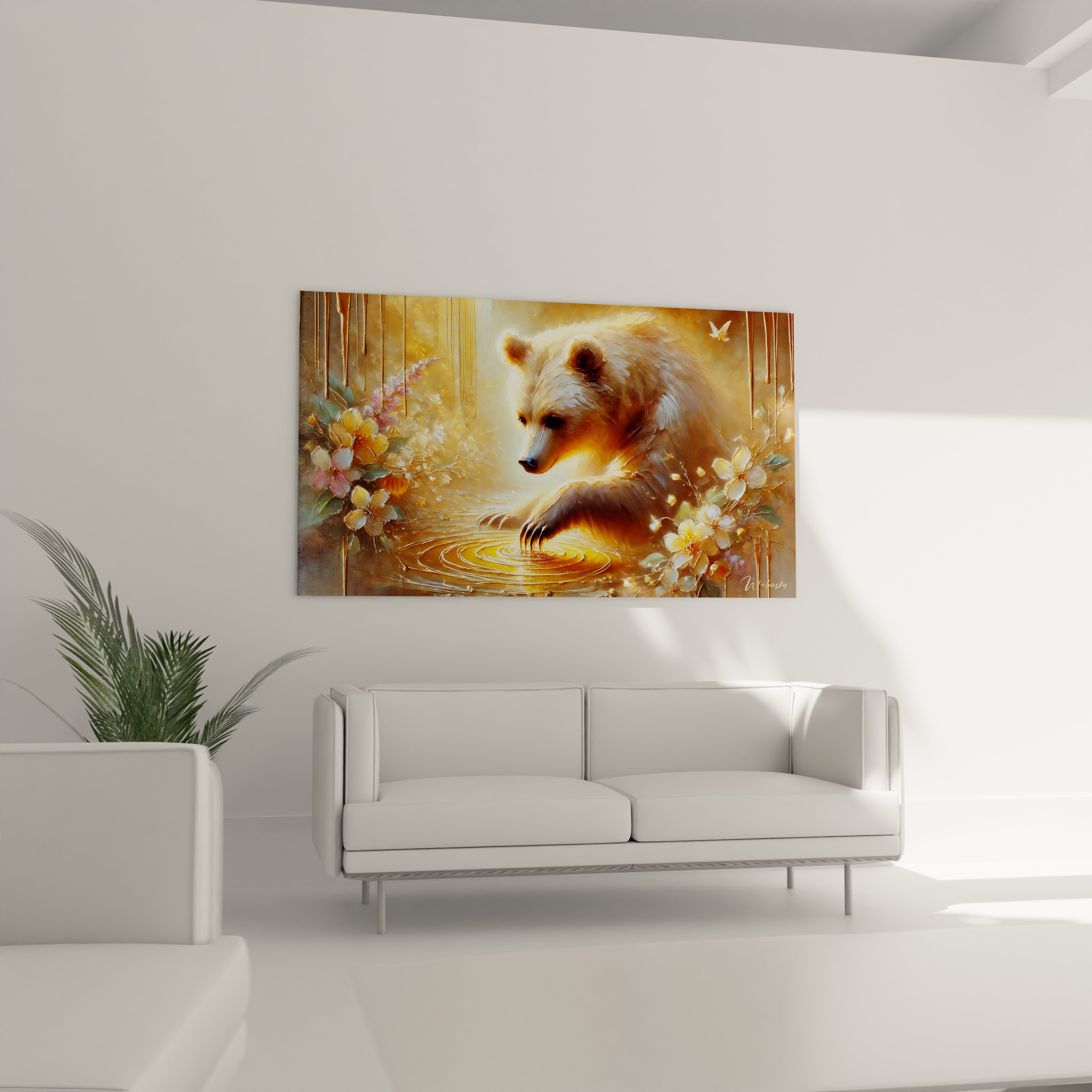 Accroche au-dessus du canape, ce tableau ours brun enrichit le salon d’une touche naturelle et elegante. Il illumine l’espace avec ses tons chaleureux et son atmosphere contemplative.
