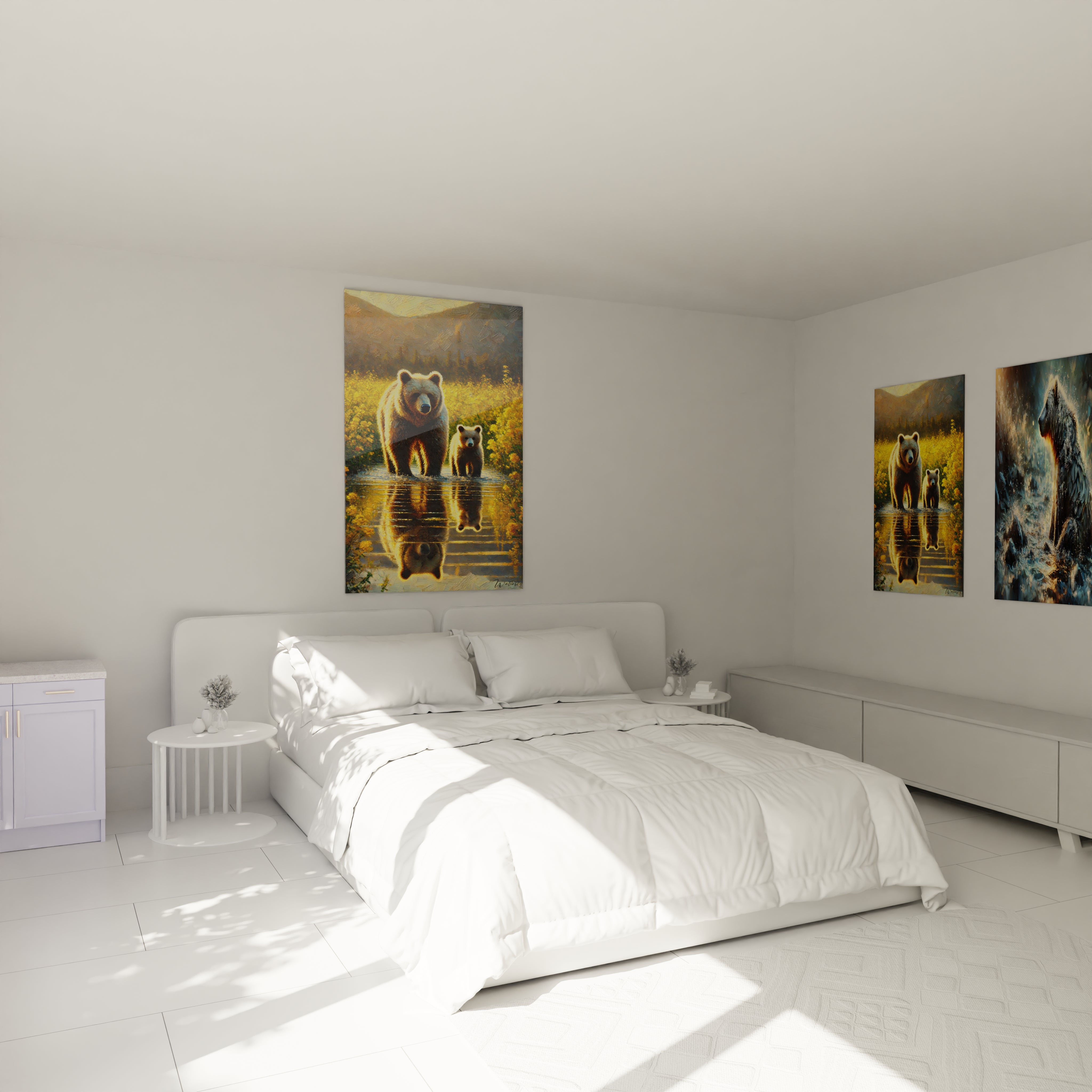  Accroche dans une chambre, ce tableau ours brun ajoute une touche de serenite et de douceur avec ses tons chauds et sa representation d’une relation protectrice entre une mere et son petit.
