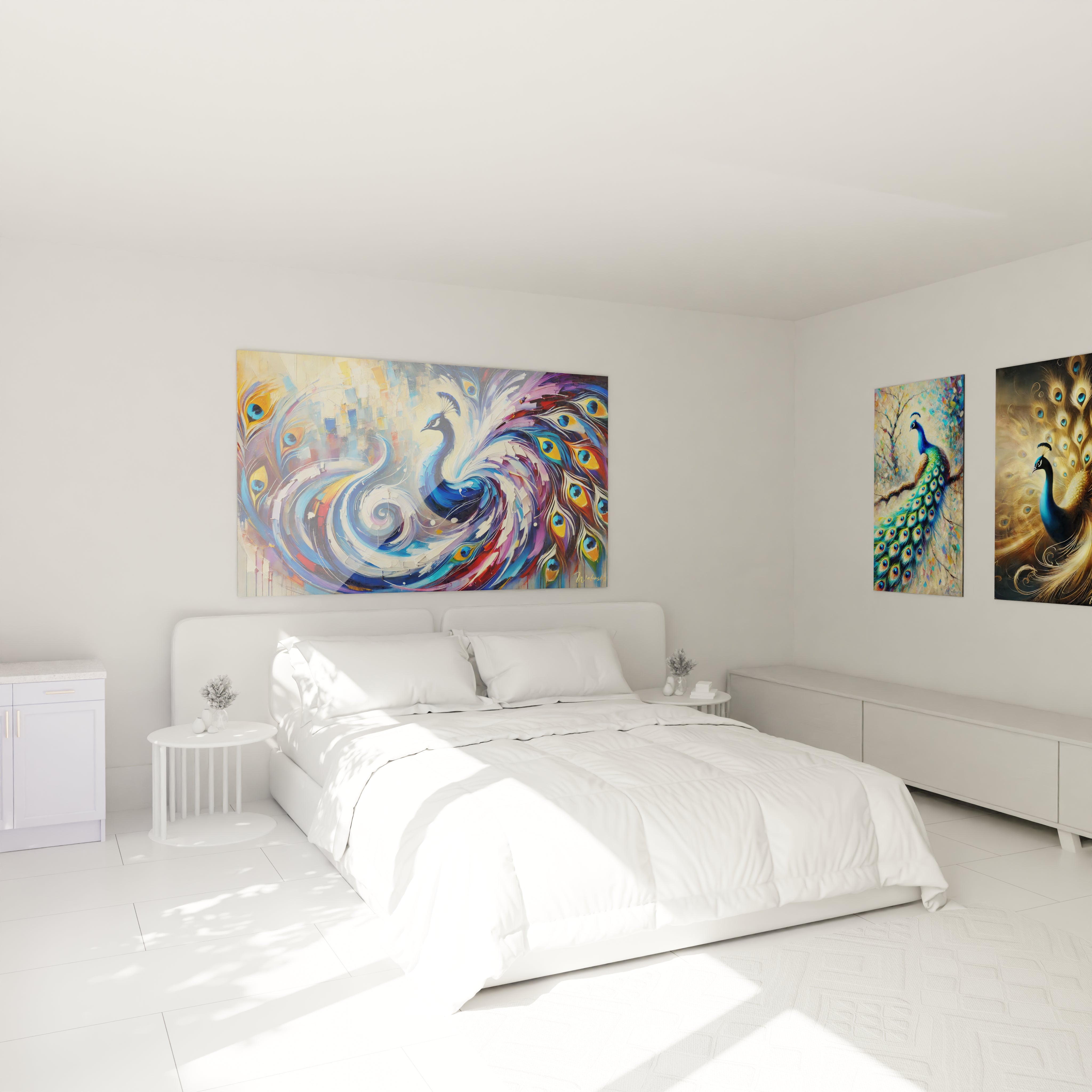 Accroché au-dessus du lit, ce tableau paon ajoute une touche majestueuse à votre chambre. Ses tons de bleu et violet créent une ambiance apaisante, idéale pour un espace de détente raffiné.