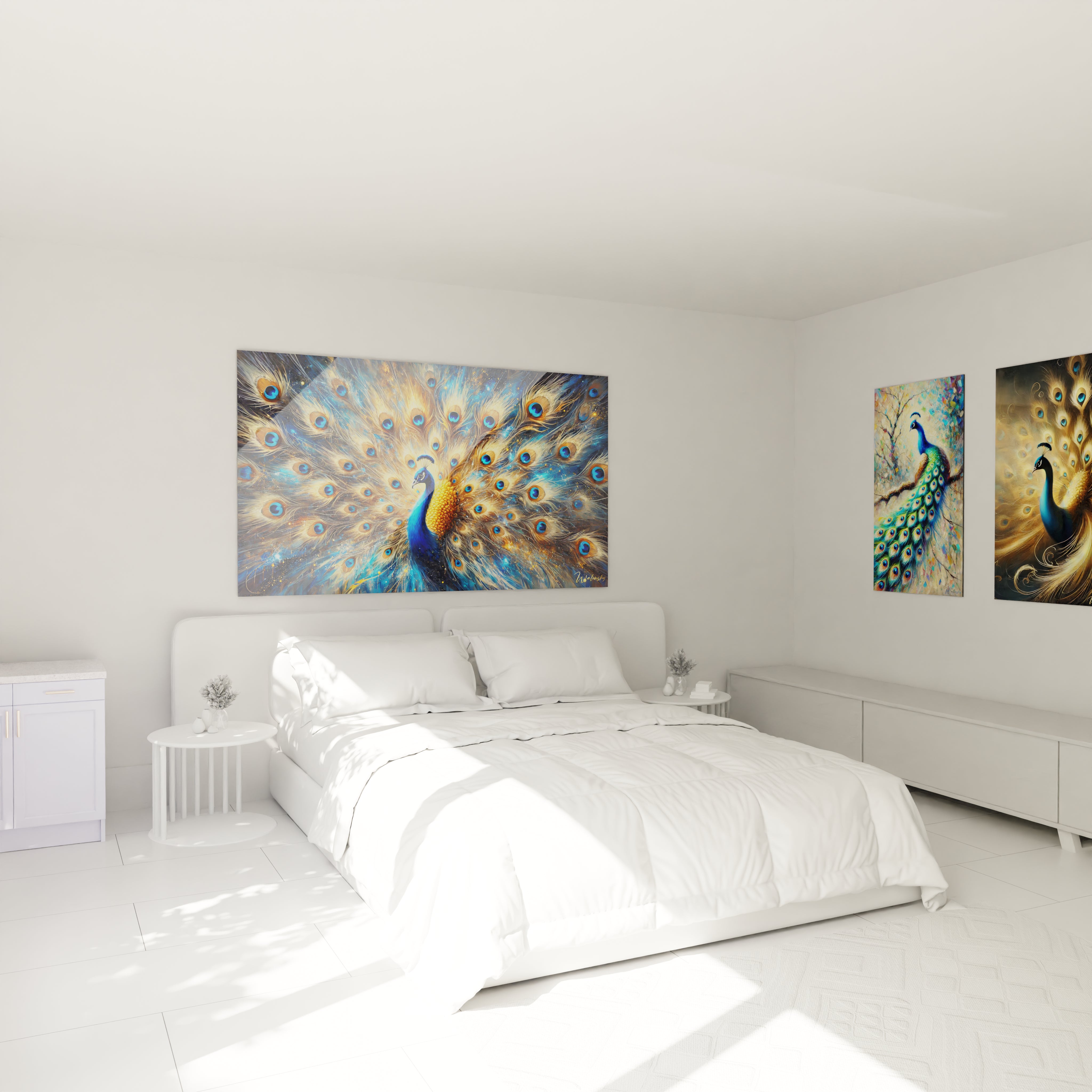 Ajoutez une note de sophistication à votre chambre avec ce tableau paon accroché au-dessus du lit. Ses couleurs riches et ses détails minutieux transforment l'espace en un havre de paix élégant.

