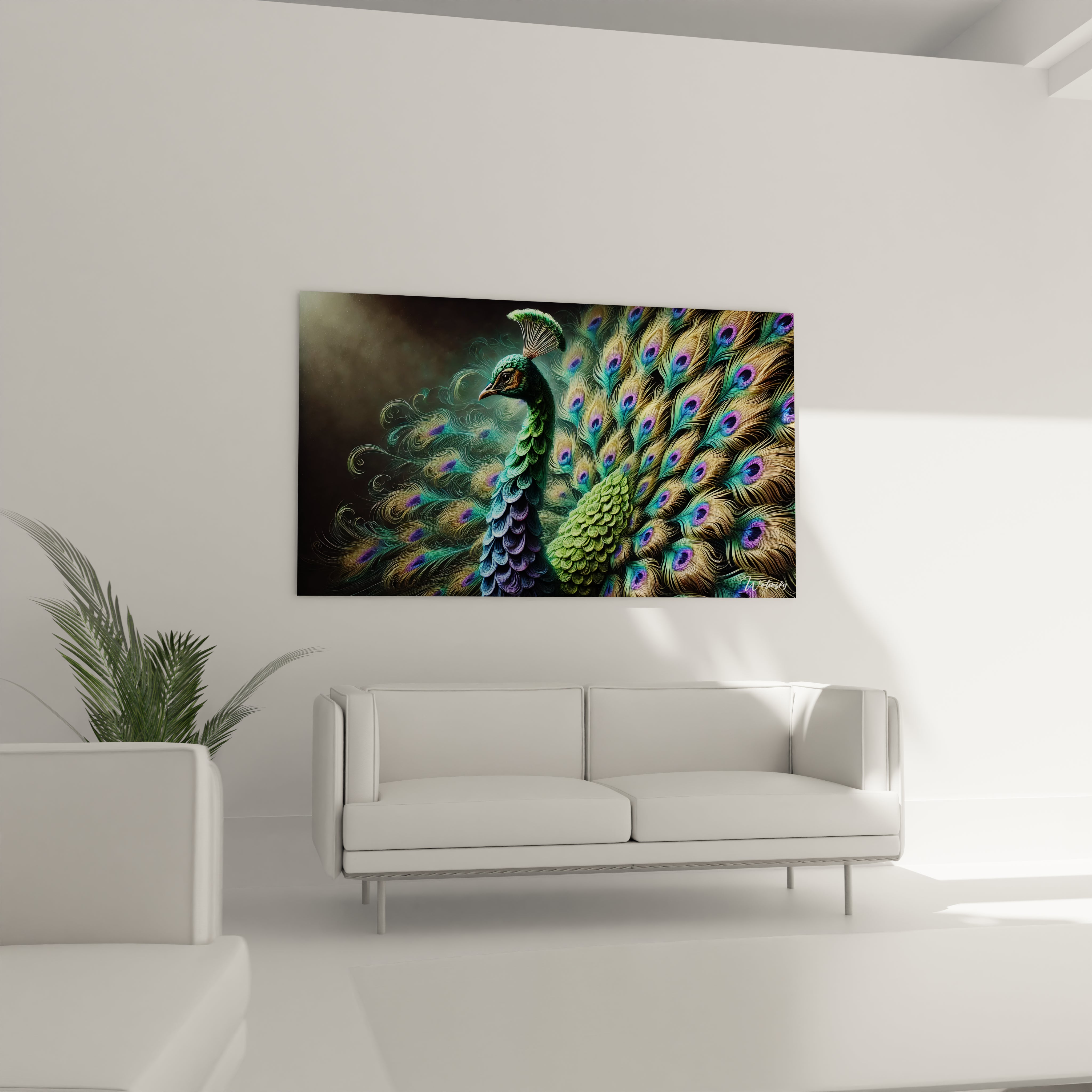 Parfait pour un salon contemporain, ce tableau paon accroché au-dessus du canapé transforme l’espace avec ses détails vibrants et ses tons élégants. Une pièce d’art incontournable pour un intérieur chic.
