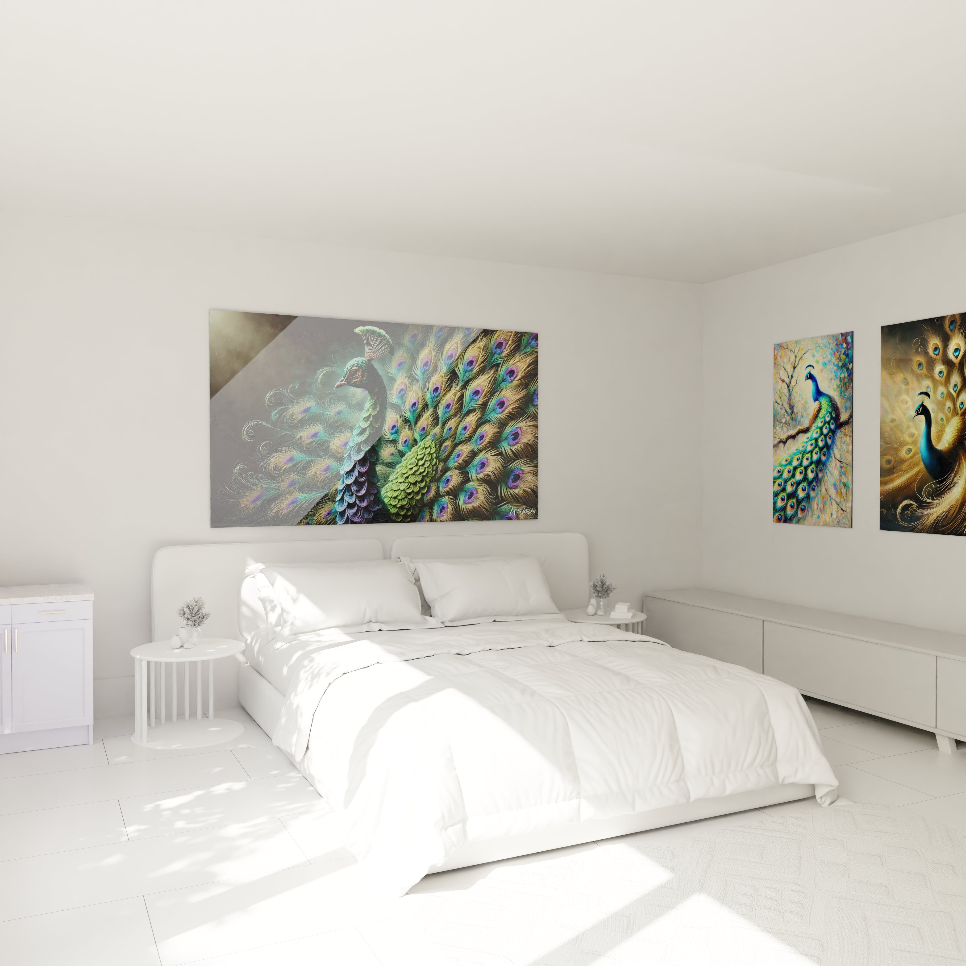 Ce tableau paon, majestueusement accroché au-dessus d’un lit, ajoute une touche d’élégance exotique à la chambre. Les couleurs vives du plumage créent une ambiance apaisante et sophistiquée.