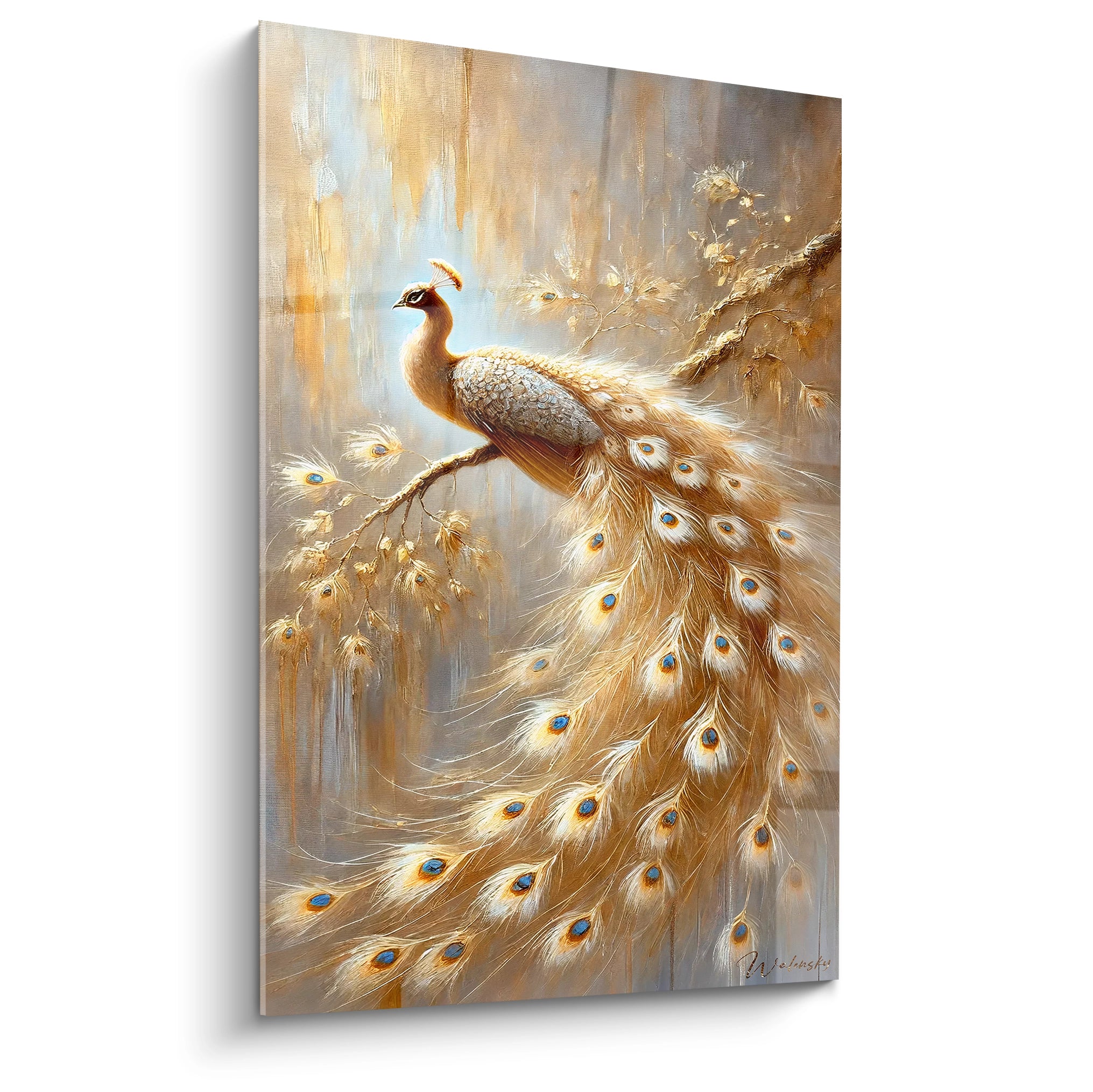 Ce tableau paon aux plumes dorees et elegantes capte la lumiere avec subtilite. Vue de biais, chaque detail est mis en valeur, offrant une touche de sophistication a votre interieur.