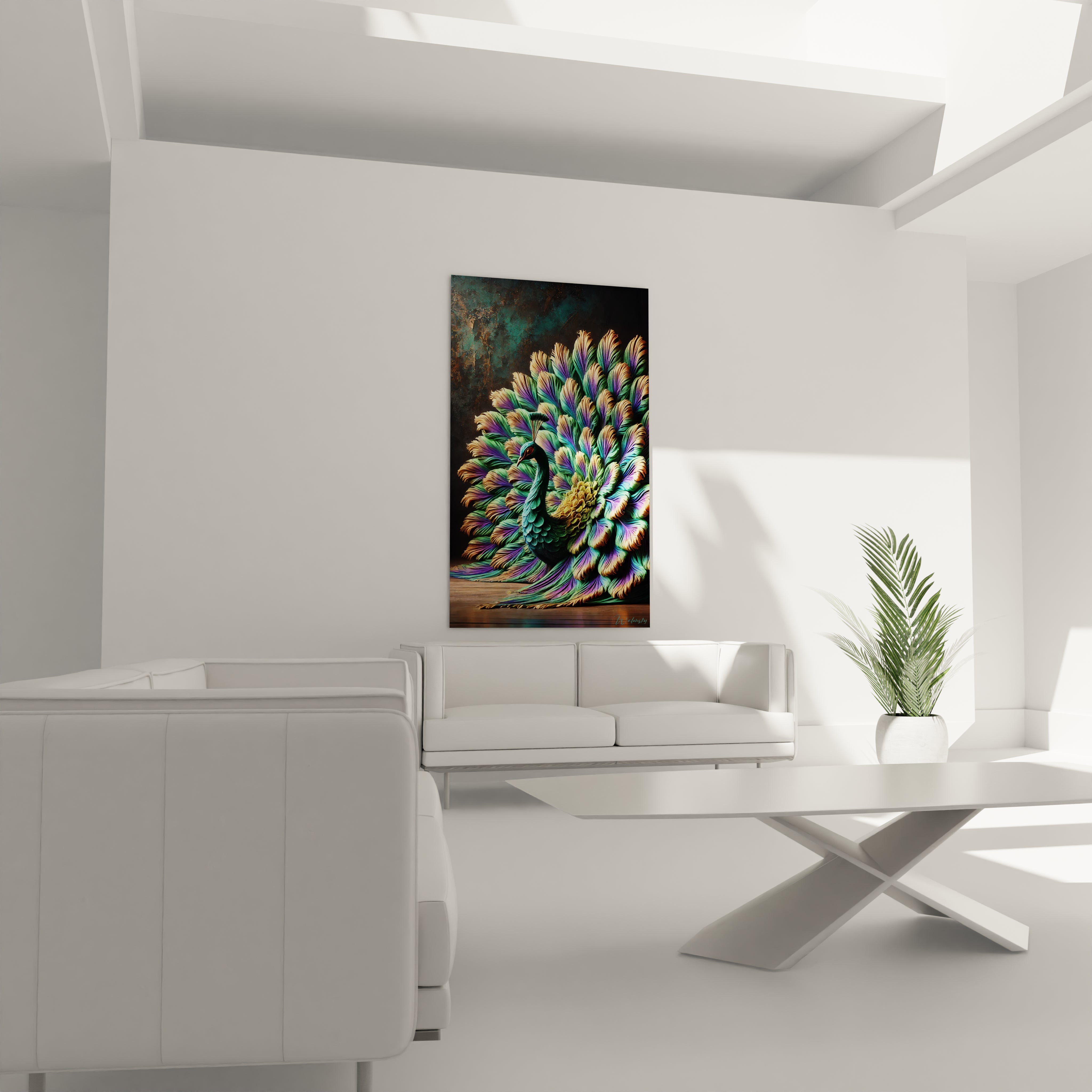 Ce tableau paon, suspendu au-dessus d’un canapé, apporte une atmosphère artistique et sophistiquée à votre salon. Les teintes vibrantes rehaussent la décoration intérieure.