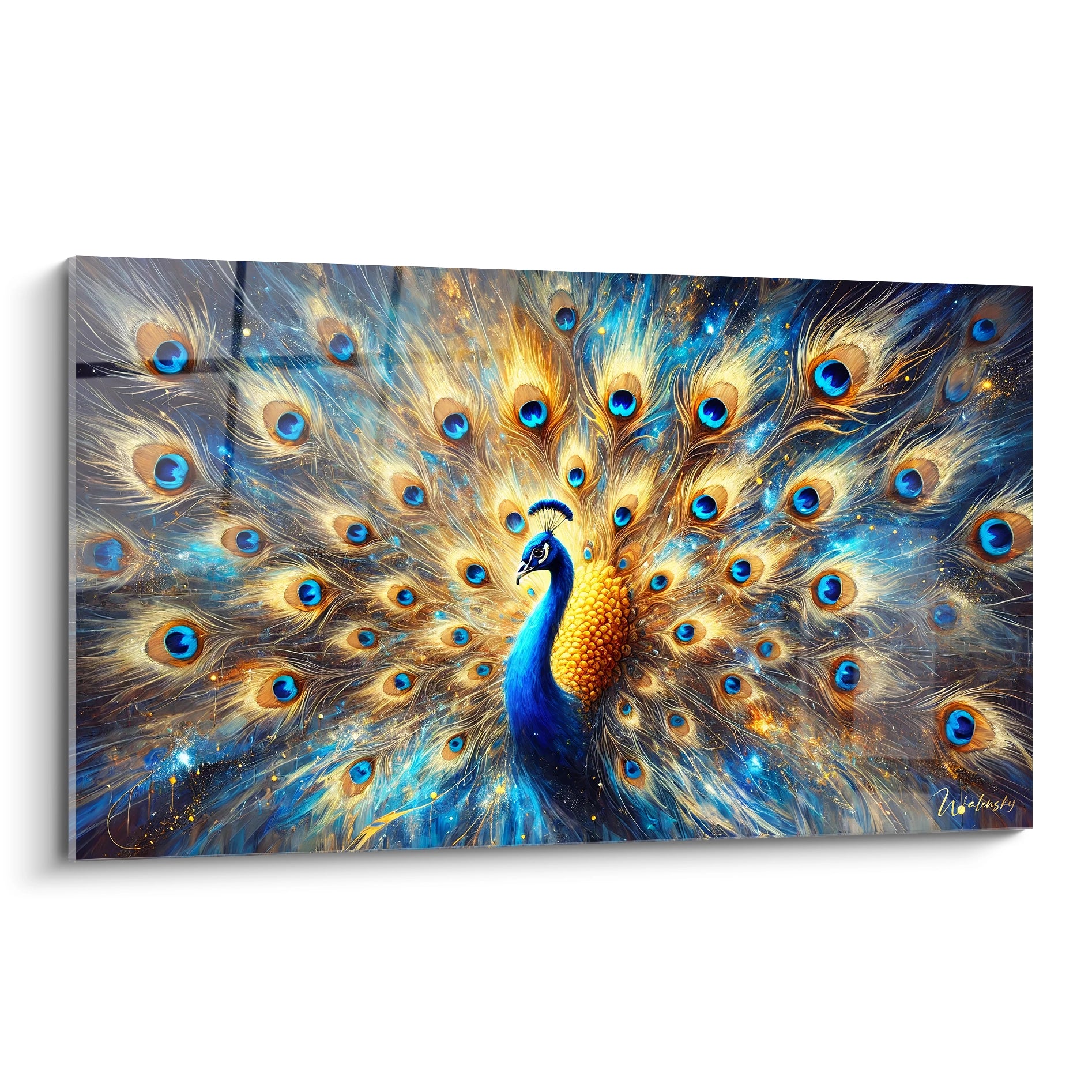 Ce tableau paon magnifiquement peint, capturé sous un angle unique, révèle des détails subtils de son plumage. Il ajoute une touche exotique et lumineuse à n'importe quel espace de vie.

