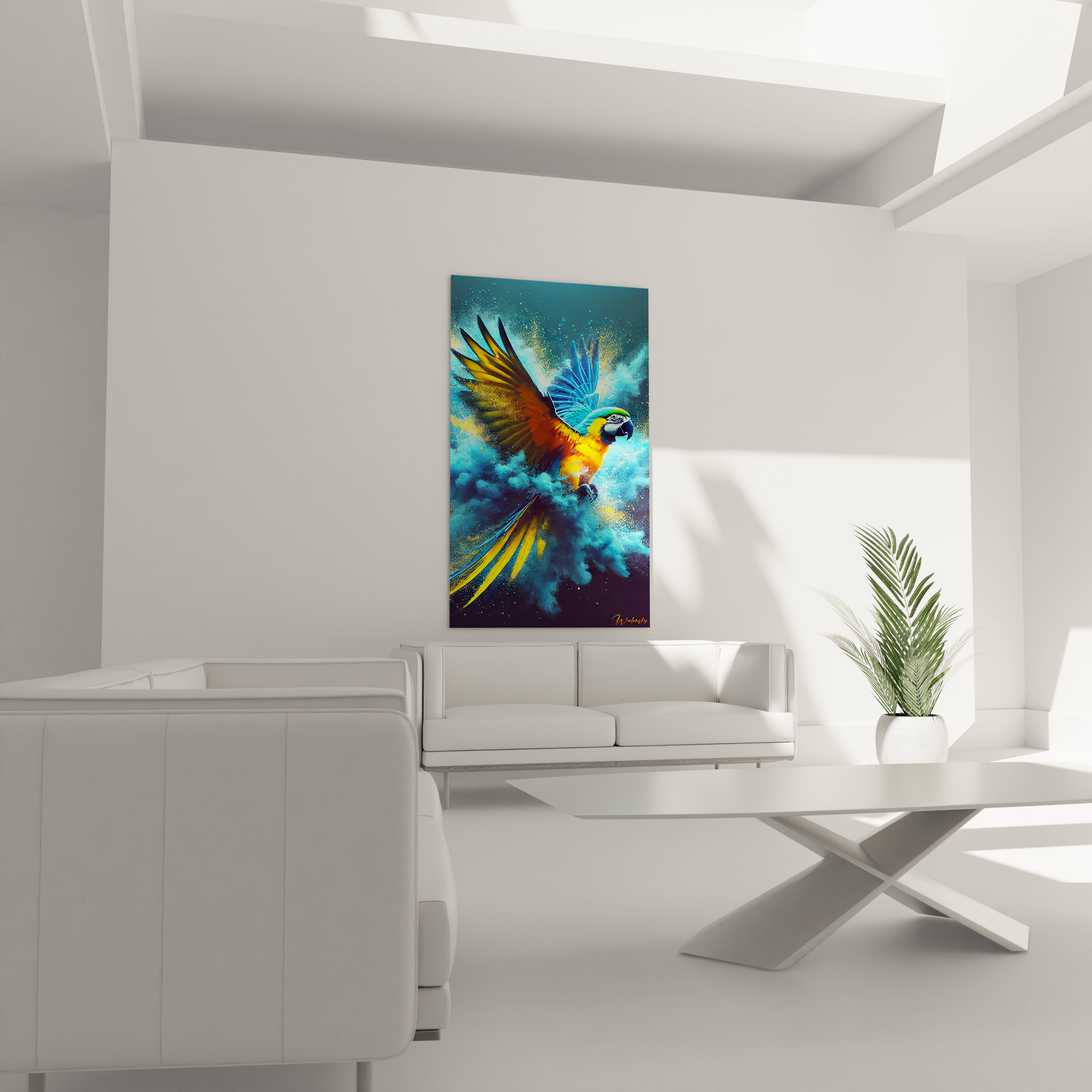Égayez votre salon avec ce tableau perroquet en plein vol. Accroché au-dessus du canapé, ce chef-d'œuvre aux couleurs vives transforme instantanément votre espace en un lieu dynamique et accueillant.