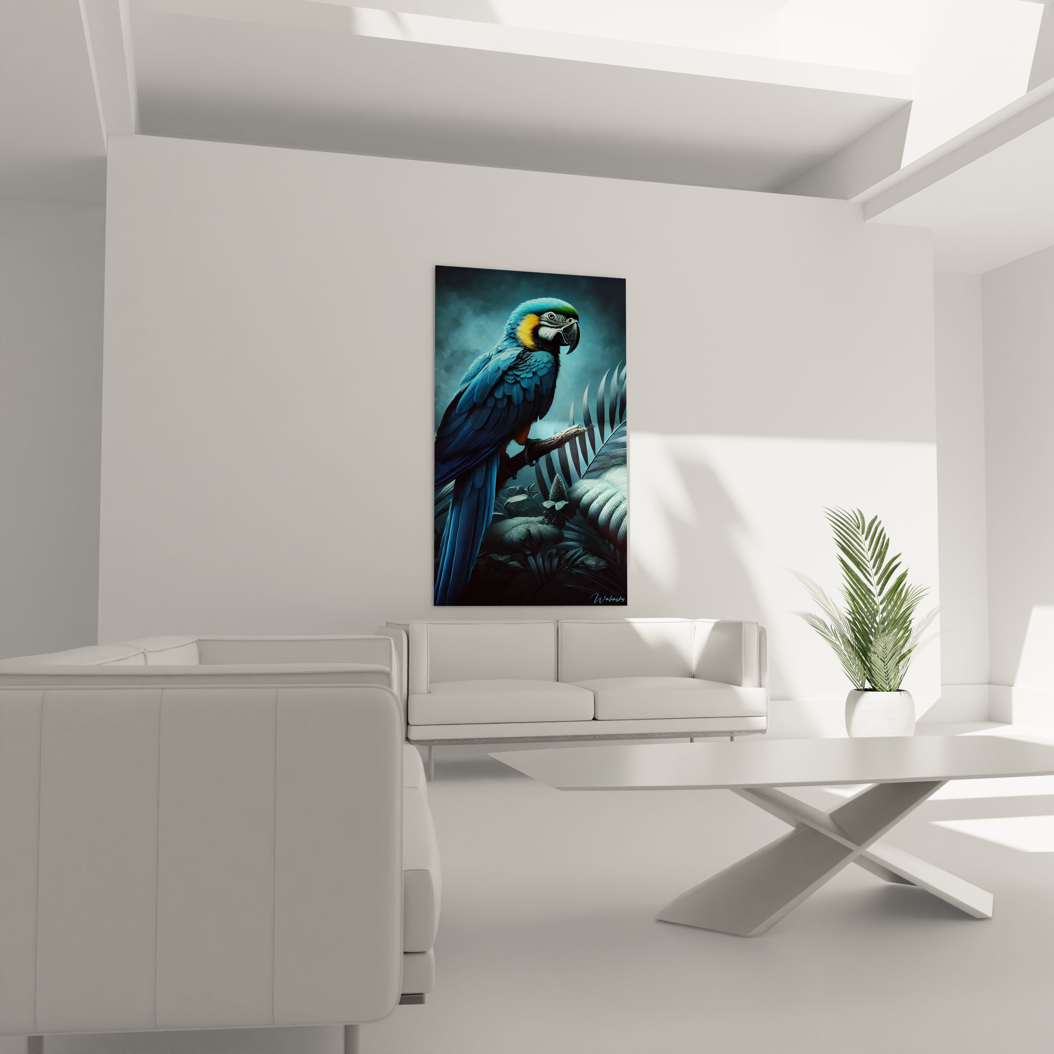 Transformez votre salon avec le tableau perroquet majestueux, accroché au-dessus du canapé. L oiseau exotique et ses nuances de bleu creent une ambiance sereine et chic.