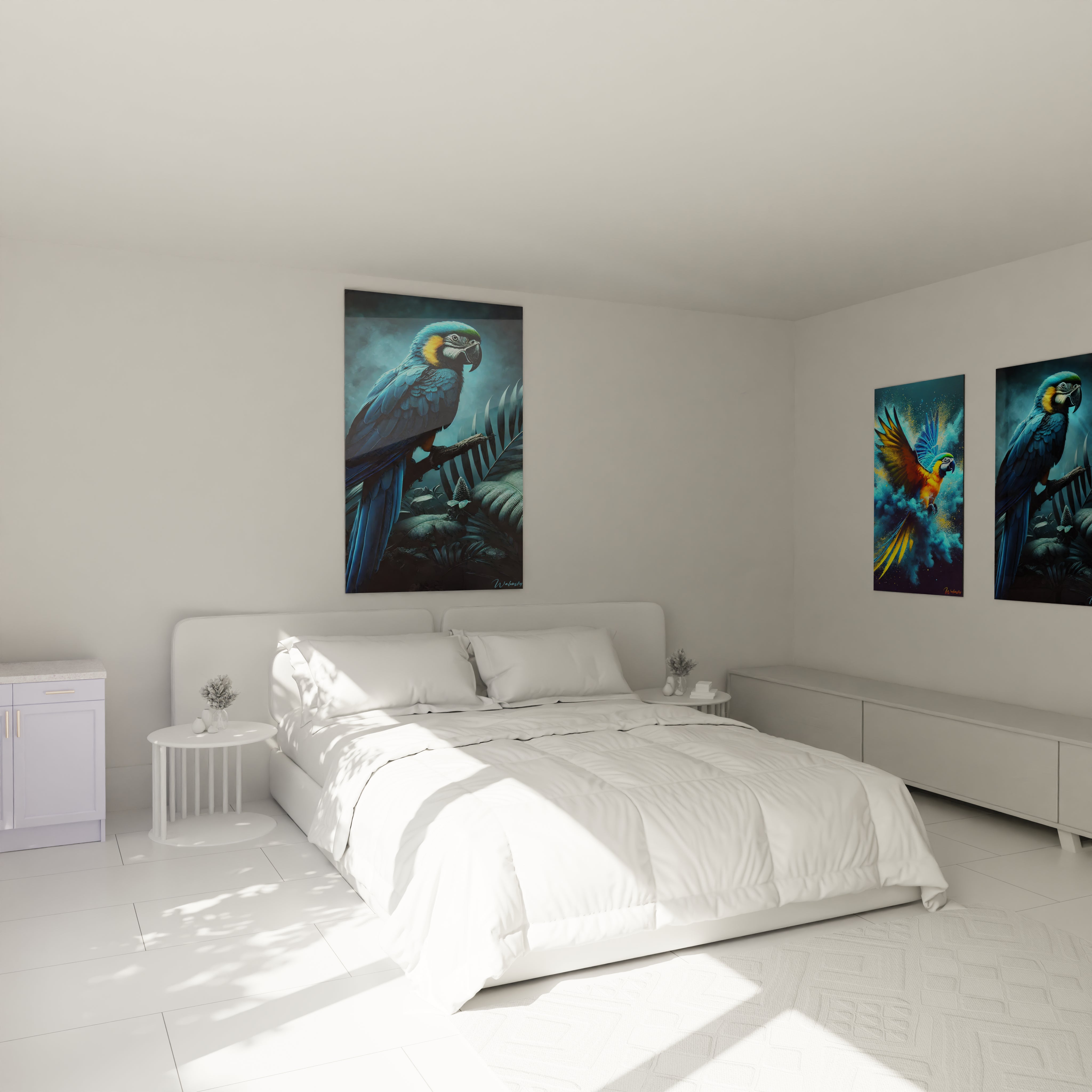 Transformez votre chambre avec ce tableau perroquet accroché au-dessus du lit. L’oiseau exotique et les tons apaisants de la jungle apportent une ambiance de sérénité et de sophistication à votre espace.