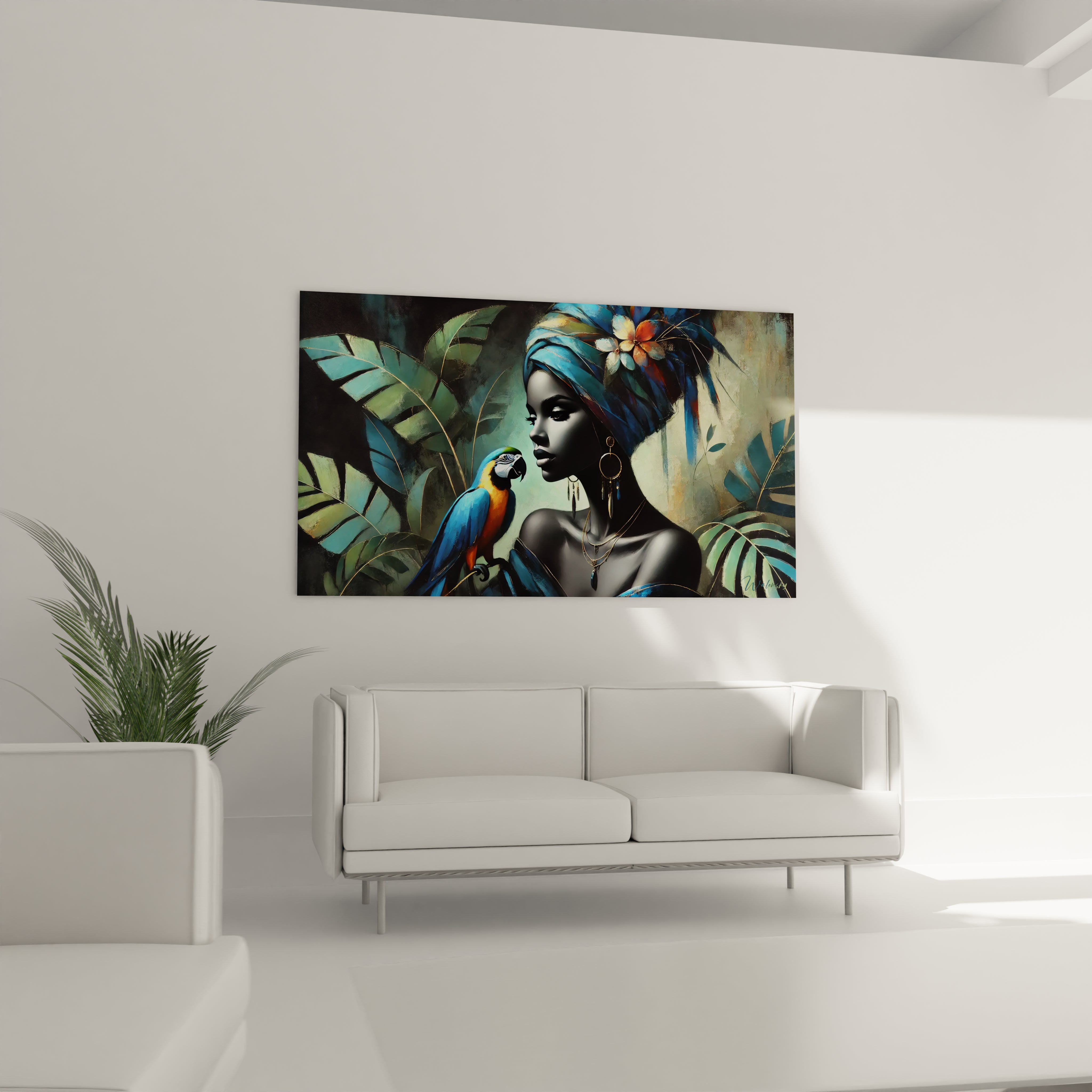 Accroché au-dessus du canapé, ce tableau perroquet devient la pièce maîtresse de votre salon. Son ambiance tropicale et son allure élégante transforment l’espace en un lieu chic et moderne.

