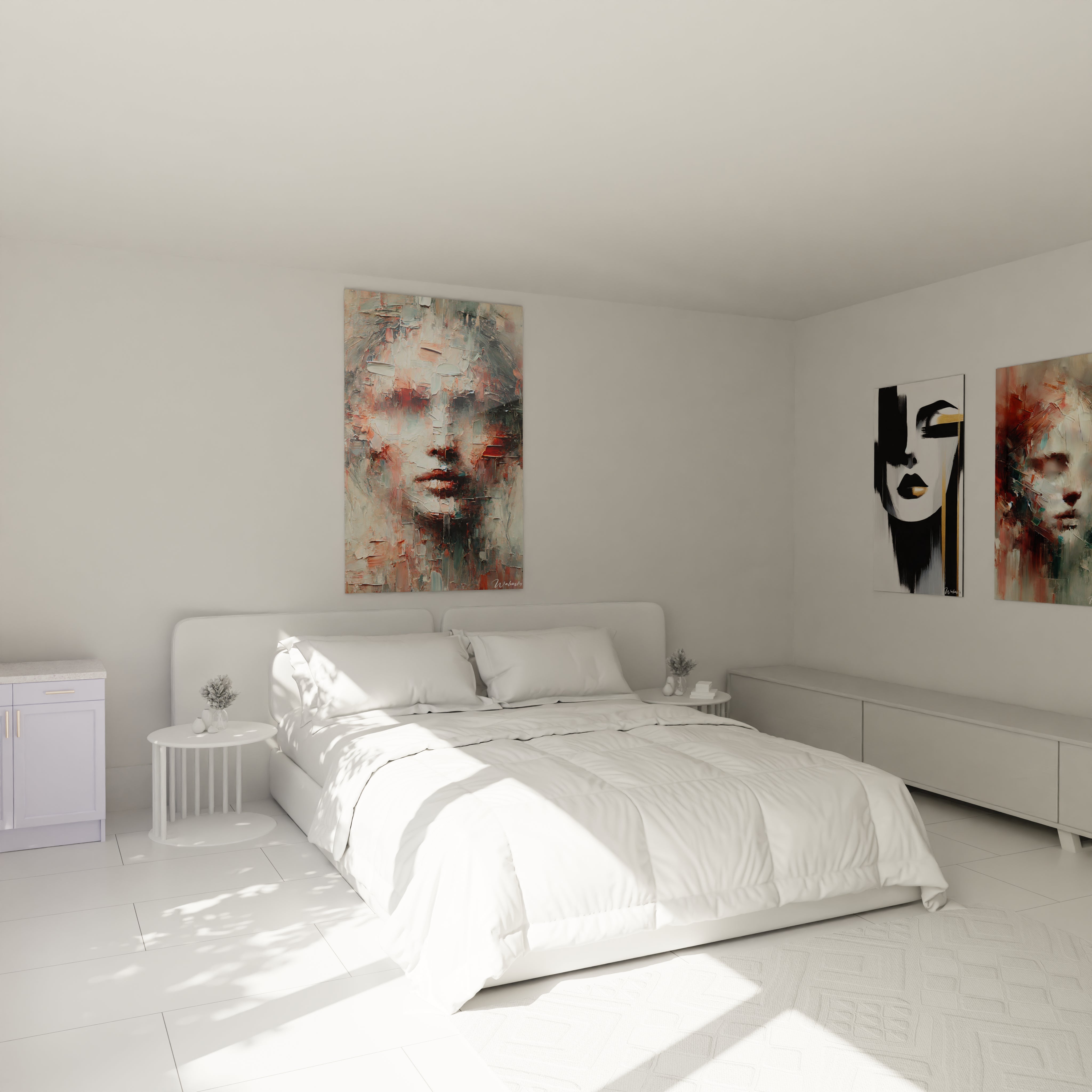 Tableau abstrait accroché au-dessus du lit. Les teintes rouge, blanc cassé et gris ajoutent une touche artistique et mystérieuse à la chambre. Parfait pour une décoration moderne et expressive.

