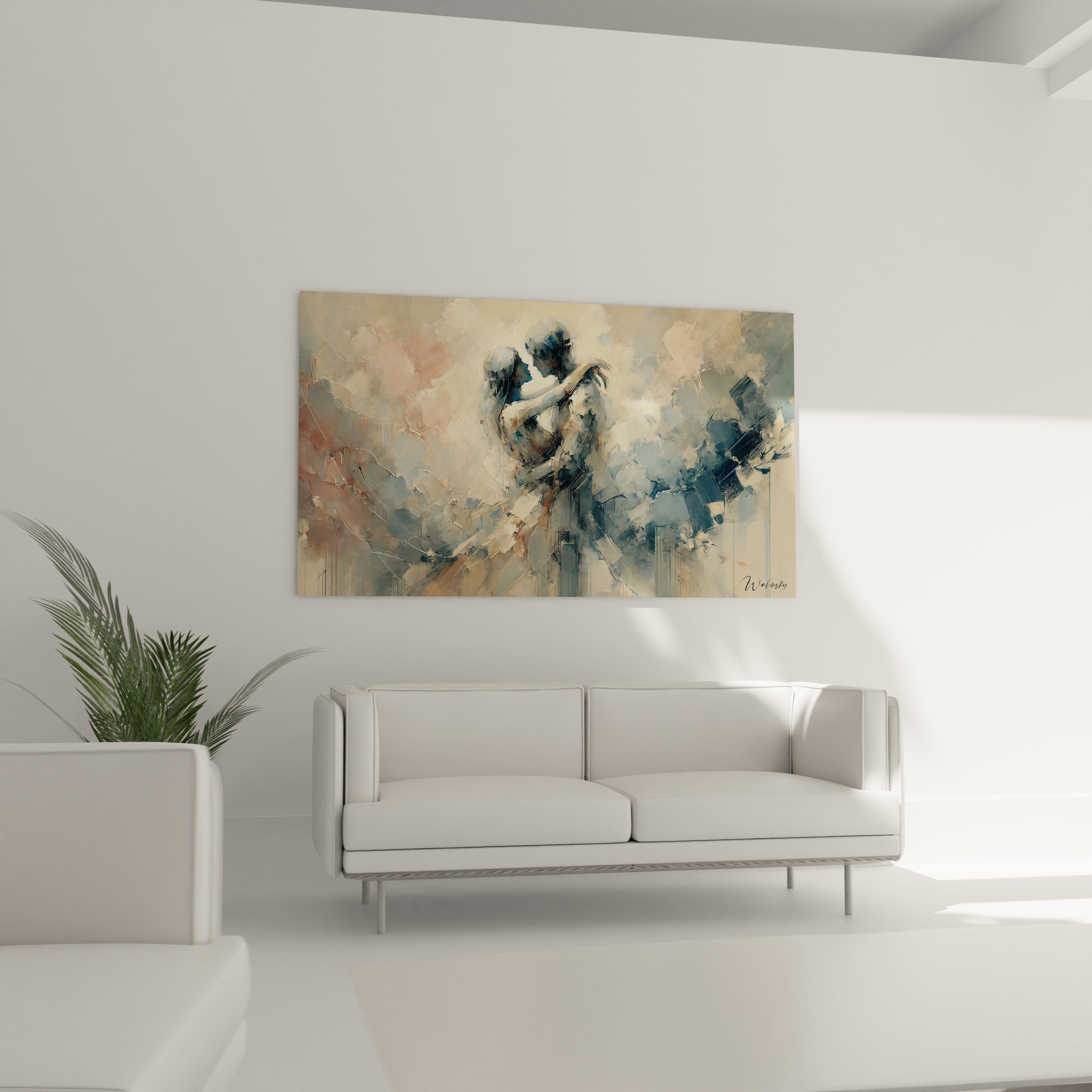 🛋️ Tableau romantique au-dessus du canapé - Sublimez votre salon avec ce couple en mouvement abstrait, aux teintes douces de bleu et beige. Laissez la poésie envahir votre intérieur.
