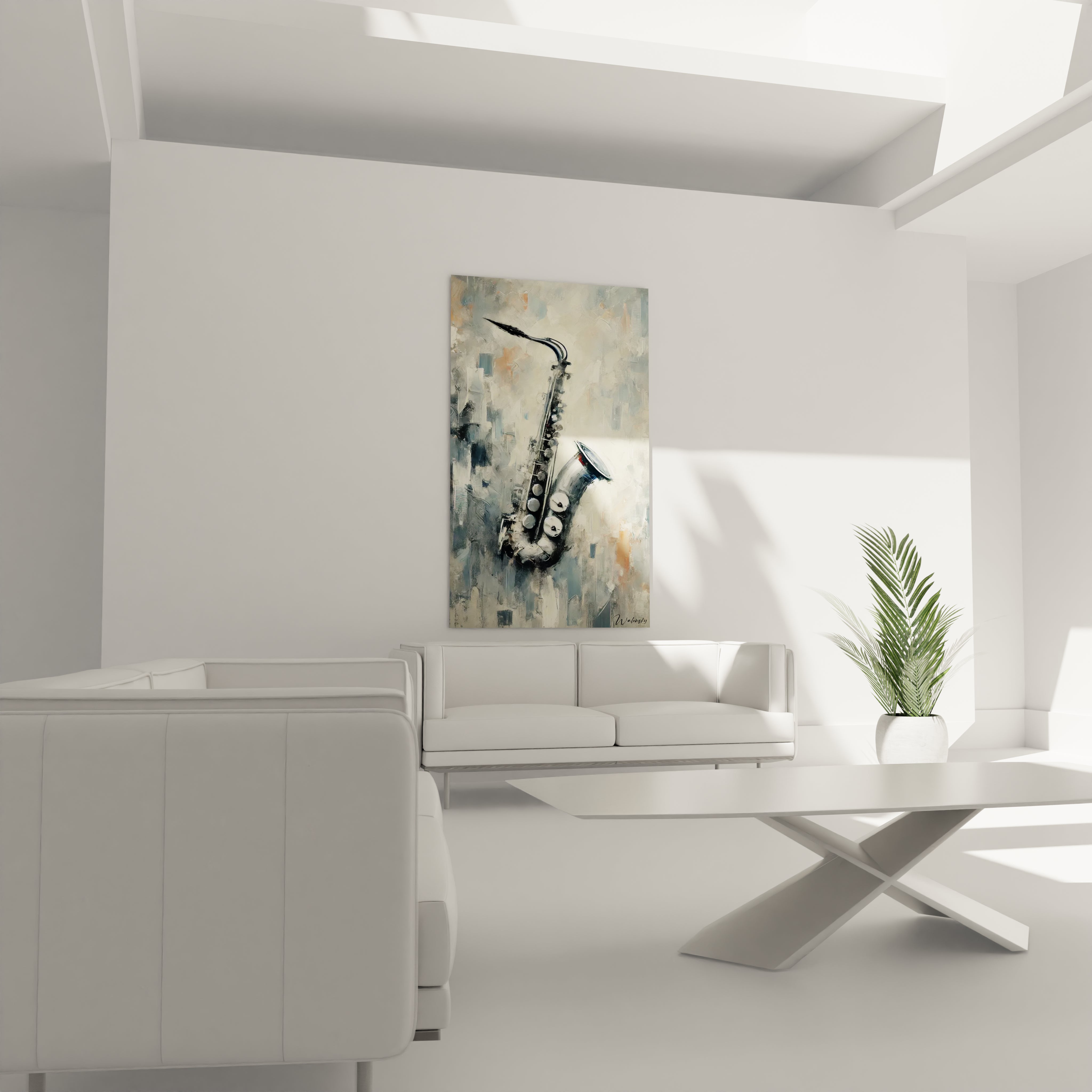 Transformez votre salon avec ce tableau abstrait de saxophone. Les couleurs douces et l'arrière-plan texturé s'accordent parfaitement, ajoutant une touche musicale élégante au-dessus du canapé.

