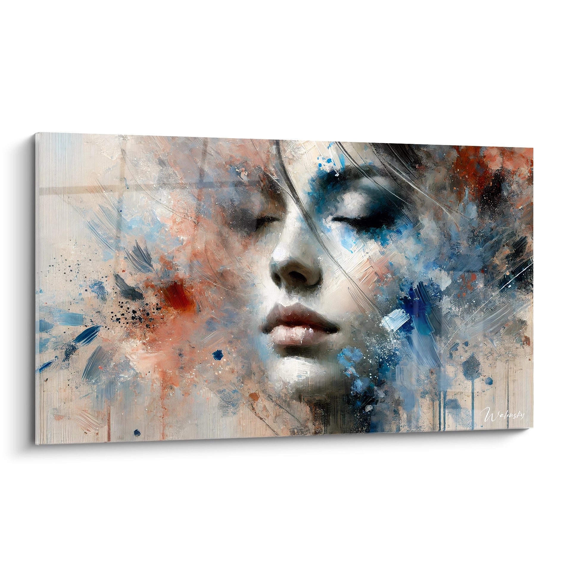 Tableau "Éveil d'un Songe" vu de biais. Œuvre abstraite aux nuances de bleu, beige, gris, et rouge. Un visage de femme émerge délicatement, évoquant une sensation de rêve paisible.