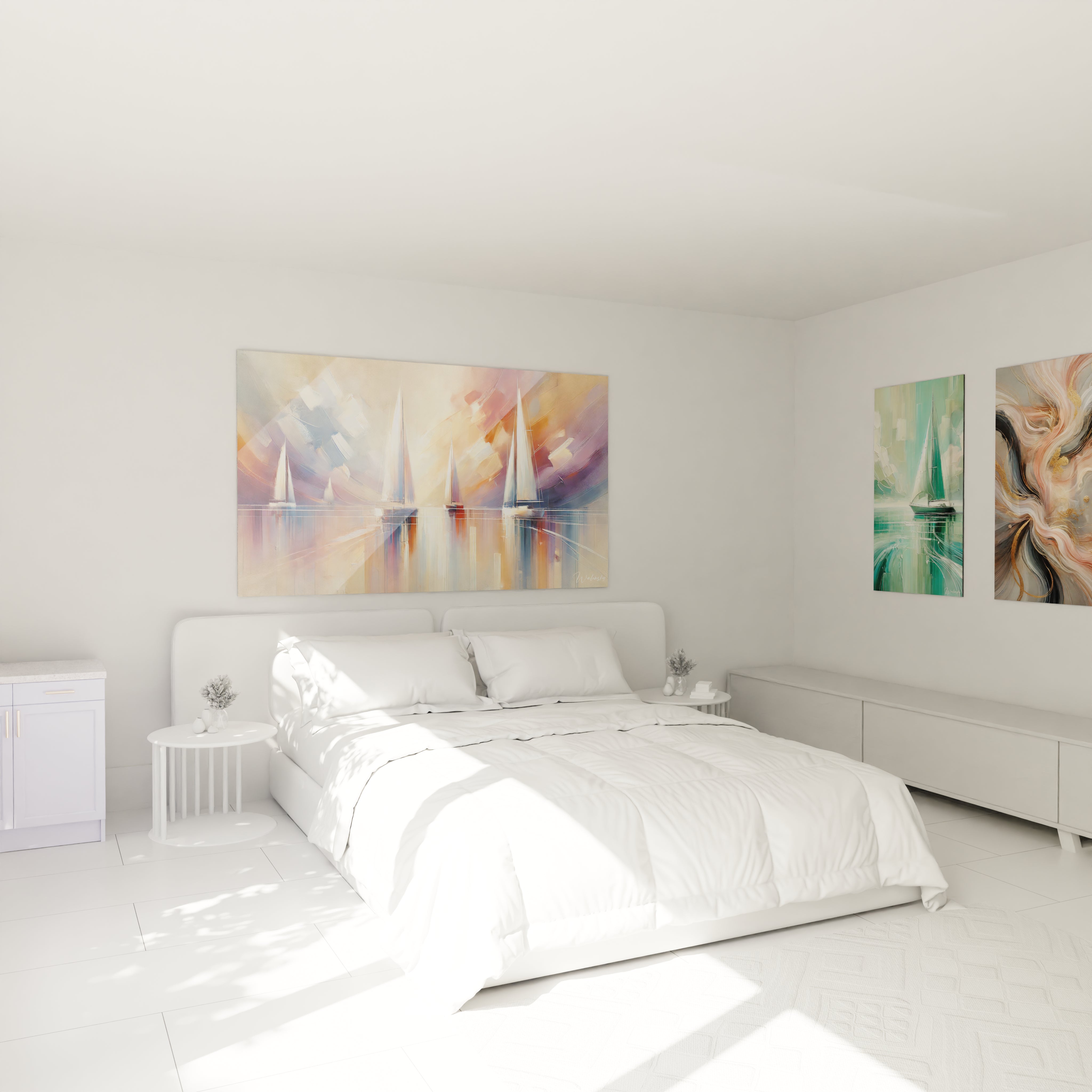 Le tableau voiliers, accroché au mur d'une chambre, diffuse une atmosphère paisible. Les nuances pastel de la mer et du ciel se fondent harmonieusement avec une déco intérieure moderne.