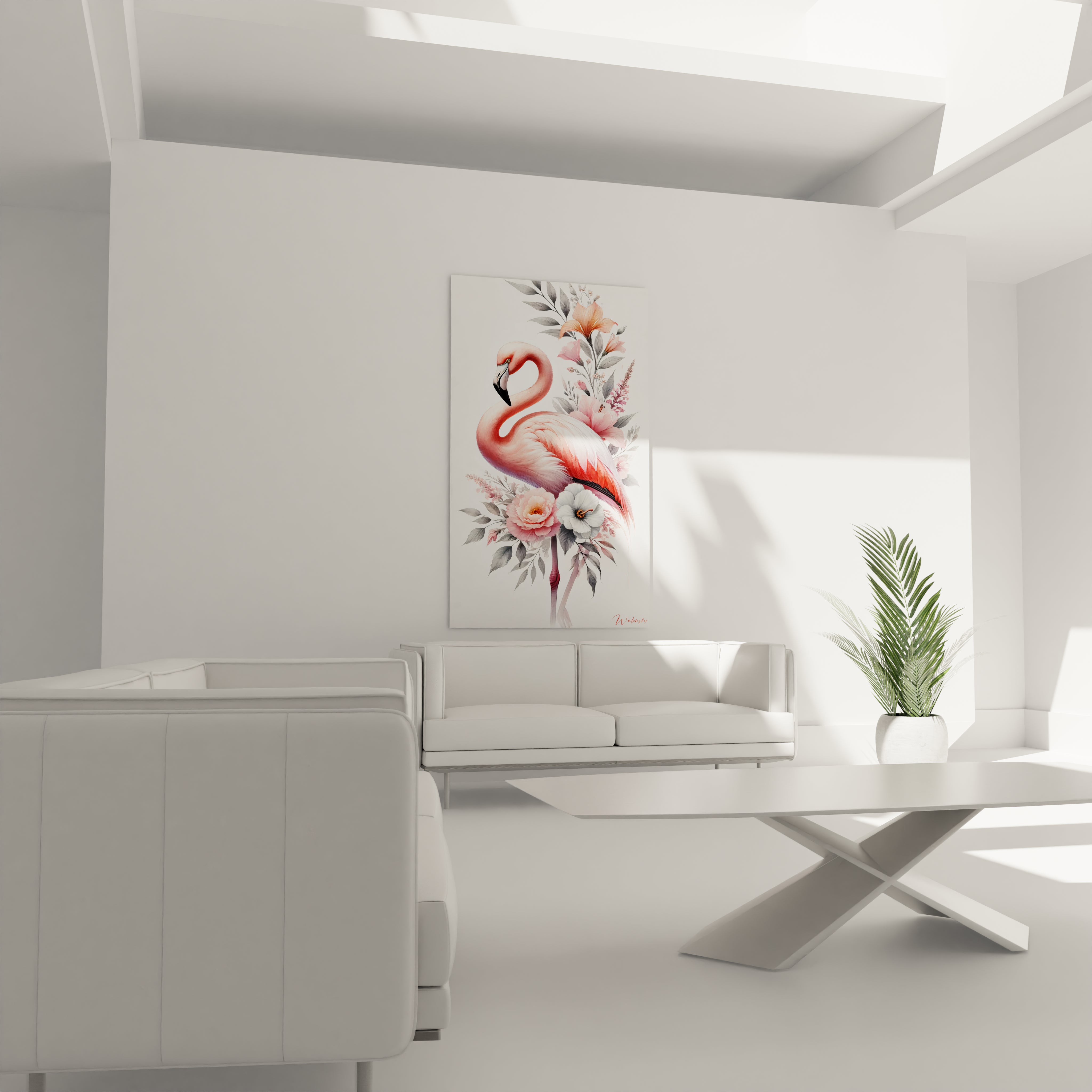 Le tableau flamand rose trouve sa place au-dessus d'un canapé, créant un point focal harmonieux. Son design délicat et ses couleurs apaisantes enrichissent l'ambiance de votre salon.

