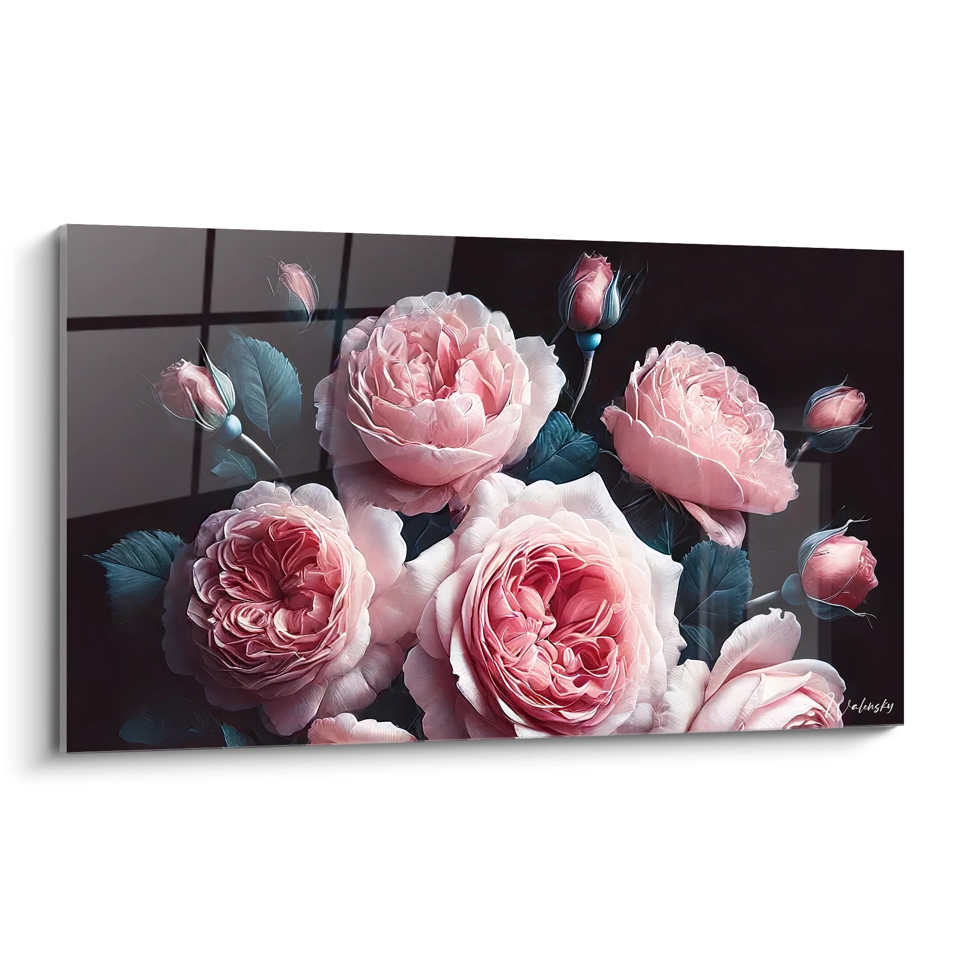 Ce tableau Fleur vue de biais revele chaque petale de rose dans des tons subtils. Un contraste sombre met en lumiere la beaute intemporelle des roses, une veritable celebration de l amour et de la passion.

