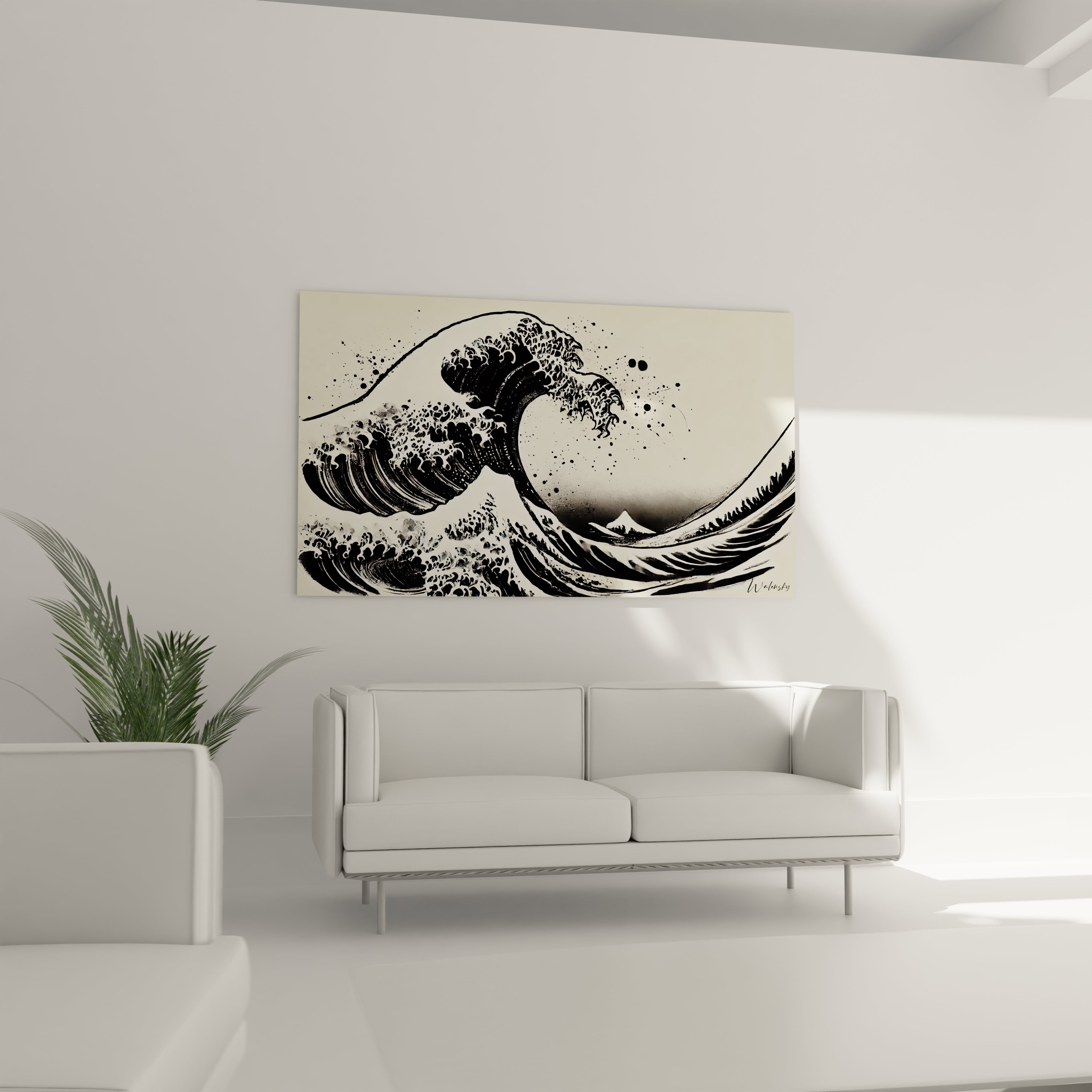 Dans un salon : accroché au mur, ce tableau japonais transforme votre salon en un espace zen. Ses courbes de vagues noires et blanches, inspirées du sumi-e, évoquent une harmonie apaisante.

