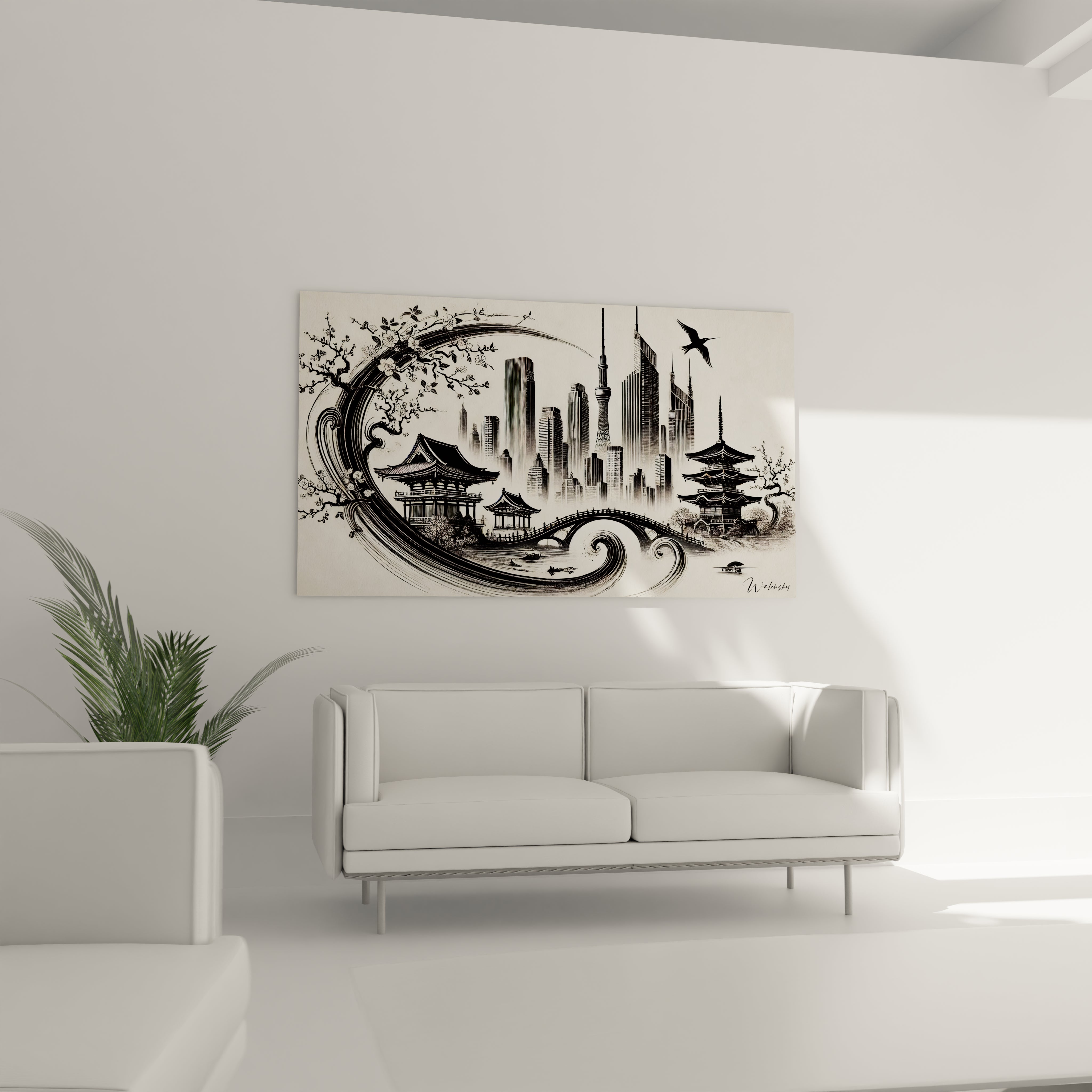 Tableau Calligraphie Japonaise dans un salon épuré au-dessus d’un canapé. Les teintes noir et beige subliment l’espace avec un style minimaliste inspiré du Japon.
