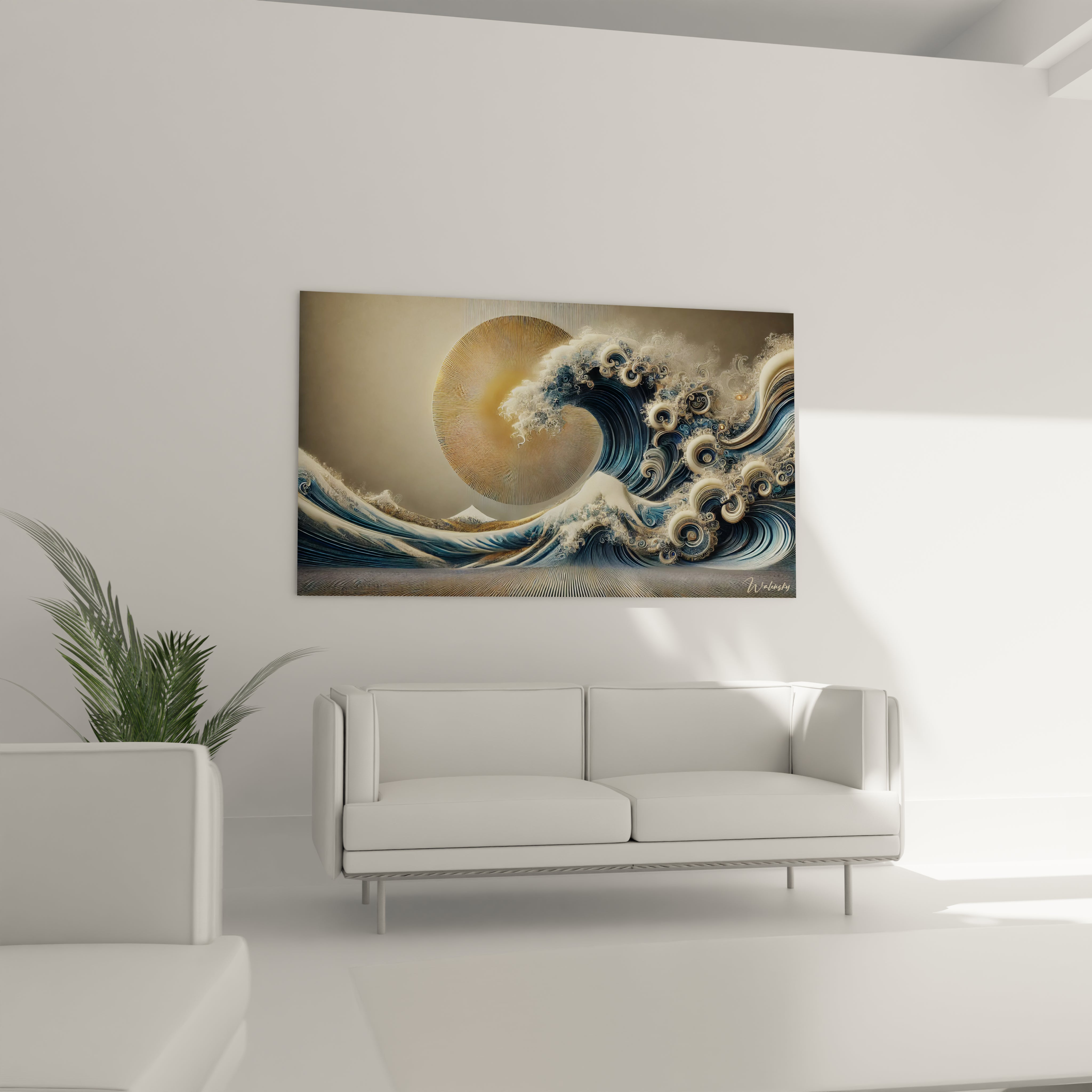 tableau japonais installé au-dessus d’un canapé dans un salon spacieux. La vague massive bleu marine et les reflets dorés transforment l’espace en sanctuaire zen inspiré des paysages japonais.

