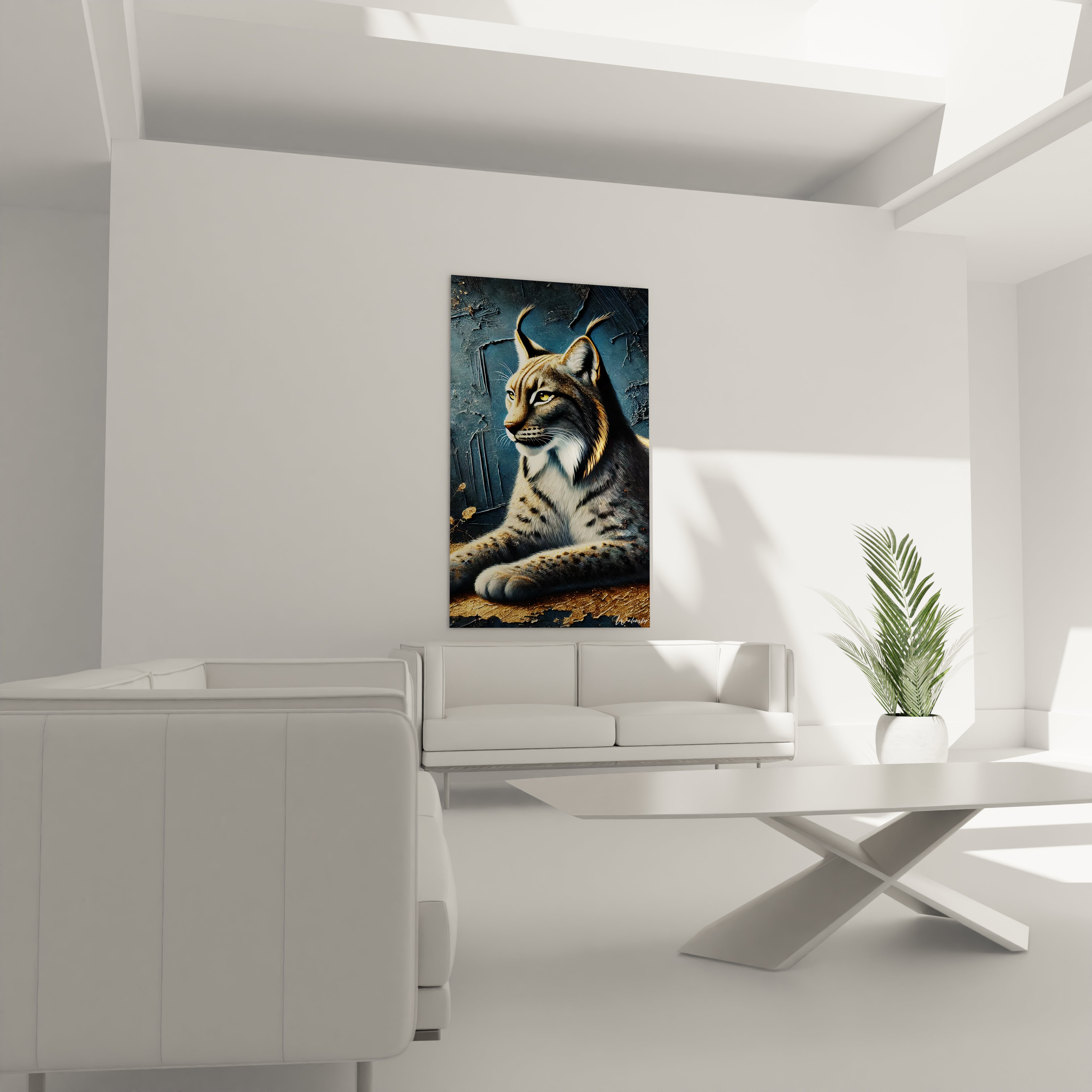 Ce tableau lynx accroché au-dessus du canapé crée un point focal captivant dans votre salon. Son pelage doré et ses teintes sombres apportent une ambiance raffinée.

