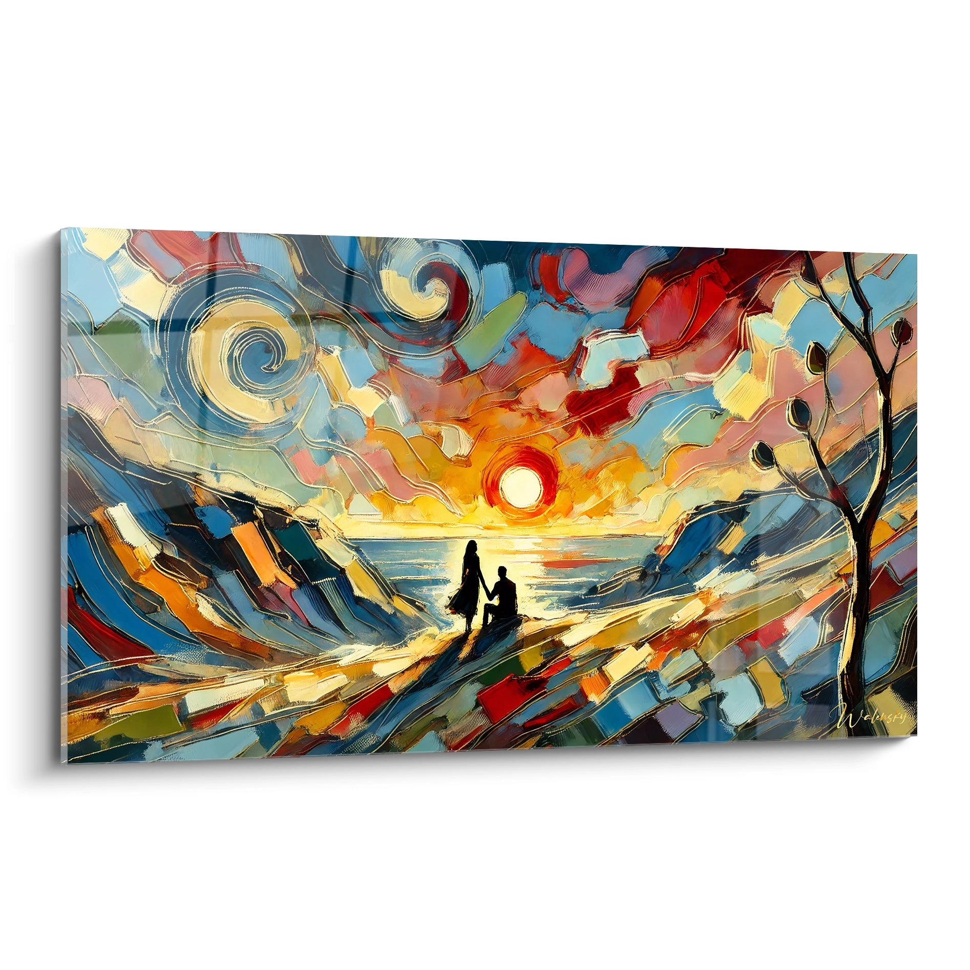 Admirez ce tableau romantique vue de biais, une œuvre vibrante mêlant amour et nature avec des couleurs éclatantes pour une ambiance pleine d'émotion. Parfait pour sublimer votre intérieur.

