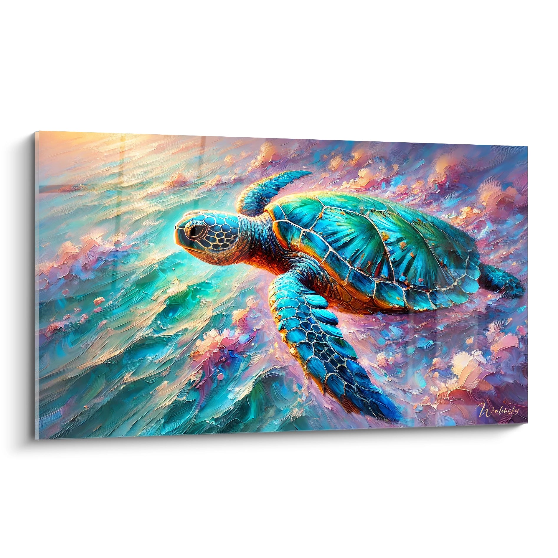 Ce tableau tortue de mer met en valeur la beauté marine avec des nuances éclatantes de bleu et vert. La composition artistique moderne capte l’élégance de la tortue dans son élément naturel.