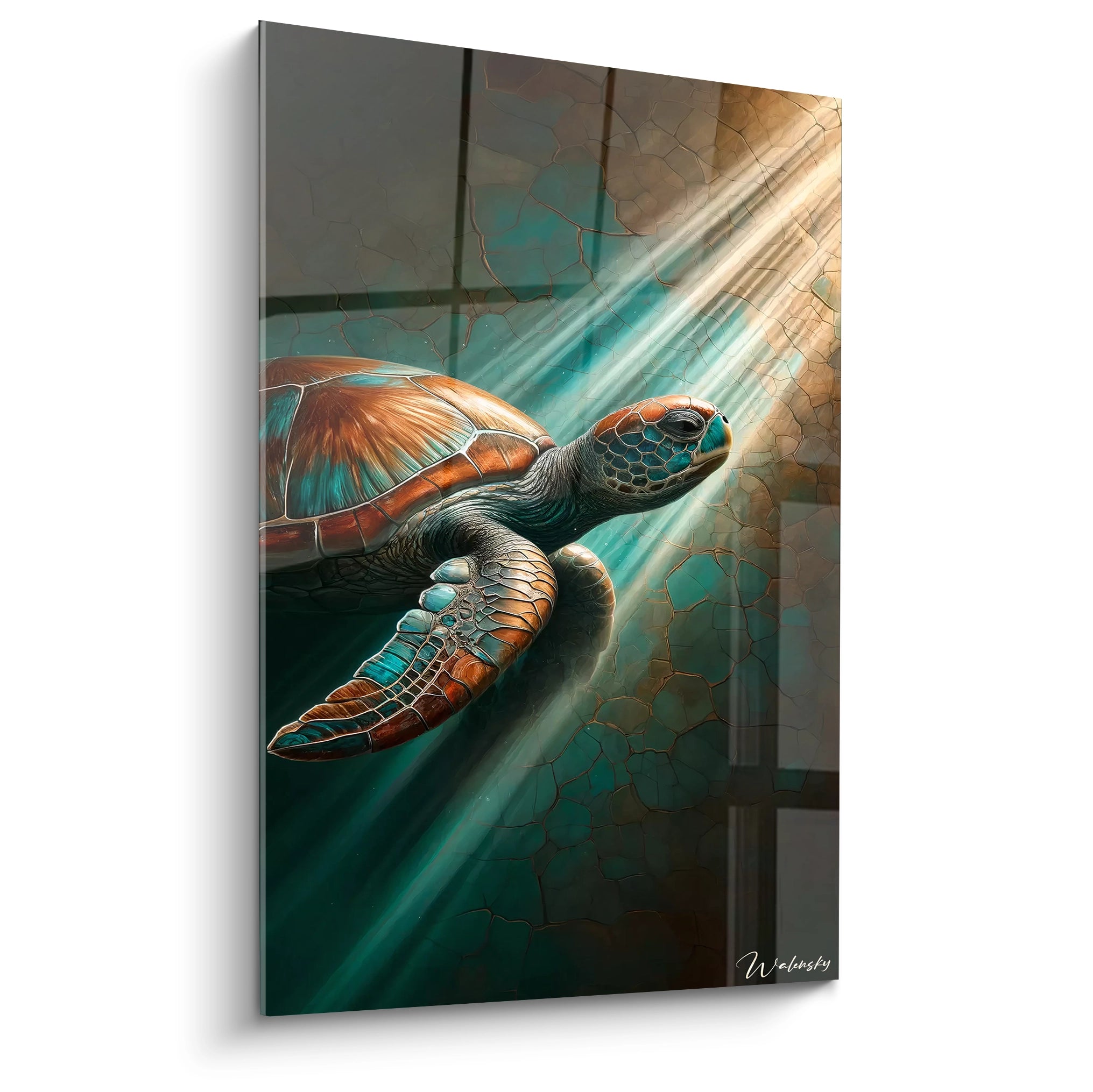 Ce tableau tortue de mer, vu de biais, montre sa texture réaliste et ses couleurs vibrantes. Ideal pour ajouter une touche marine a votre intérieur, il capture la beauté majestueuse de l'océan.

