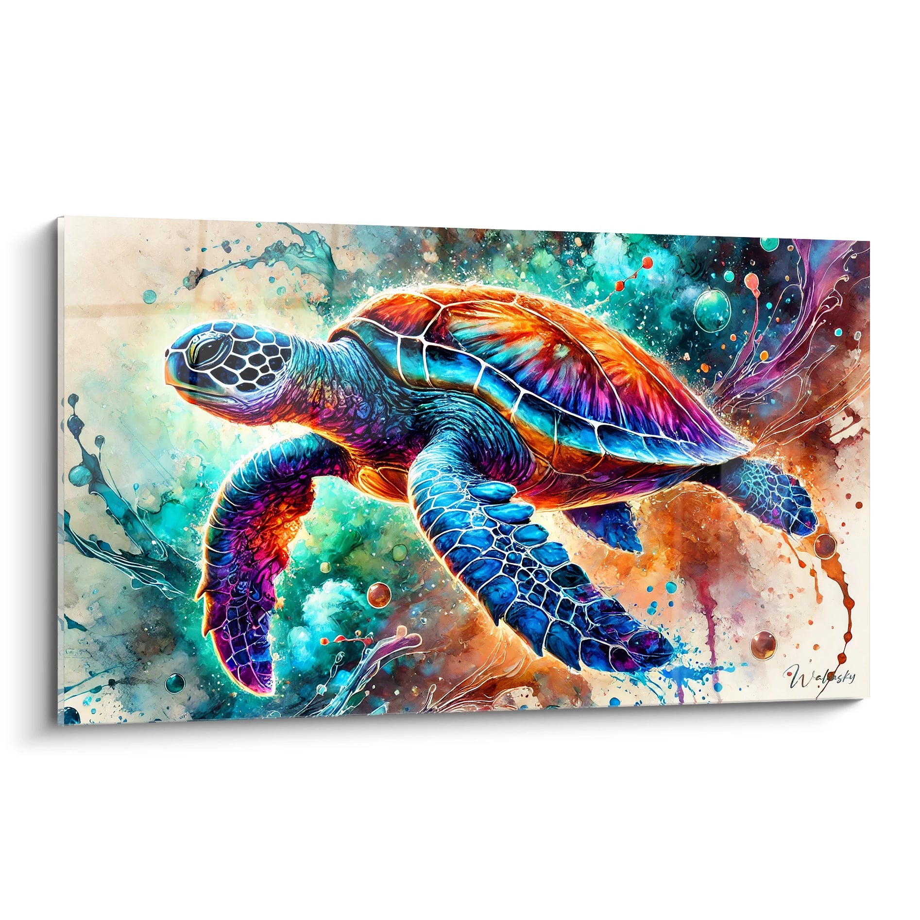 Cette presentation du tableau tortue de mer met en valeur ses couleurs vives et son dynamisme. Vu de biais, on admire la precision artistique de la tortue nageant a travers un ocean de tons vibrants.

