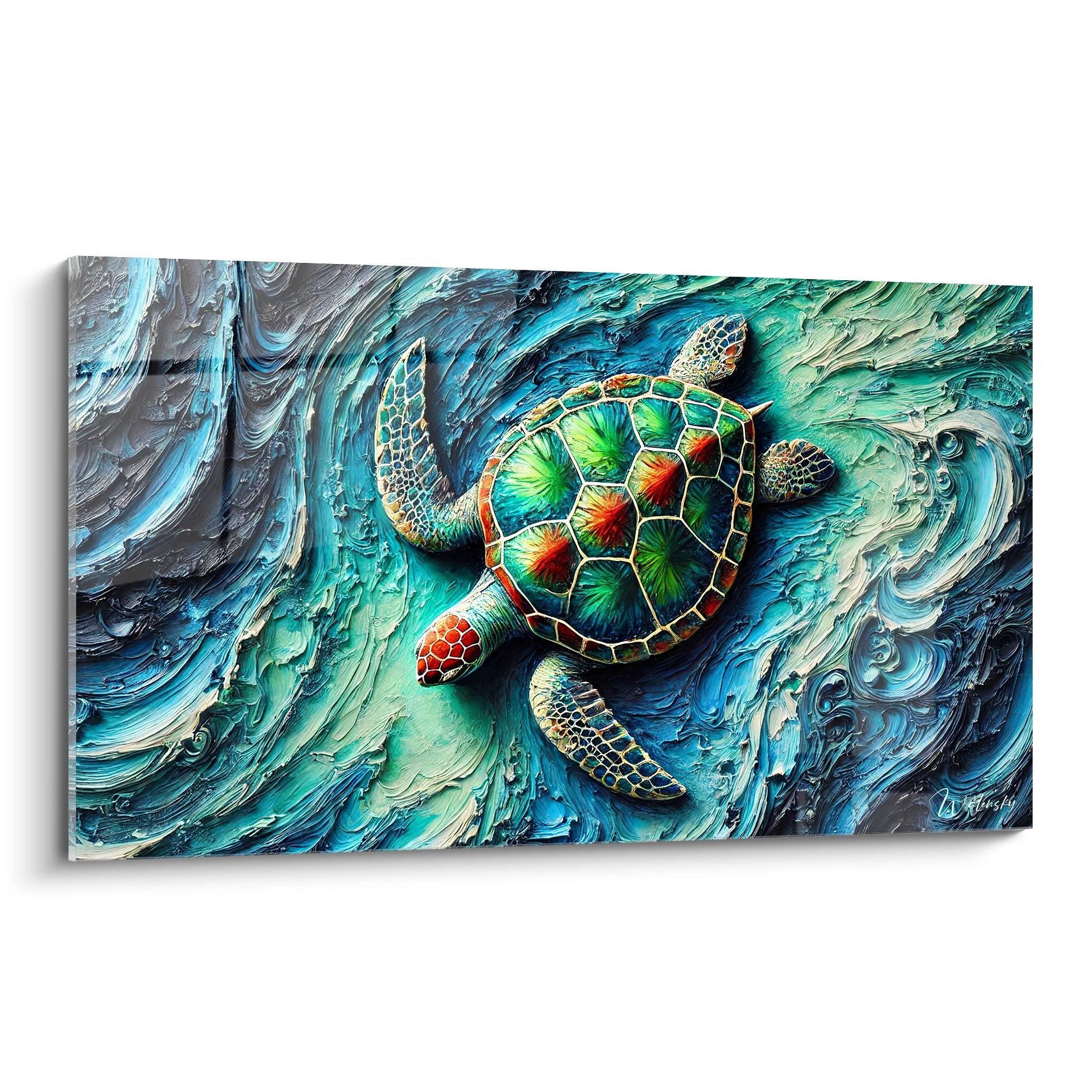 Ce tableau tortue de mer présente des couleurs vives et des textures saisissantes. Vu de biais, chaque détail est mis en avant, offrant une représentation réaliste et captivante de la tortue en mouvement.

