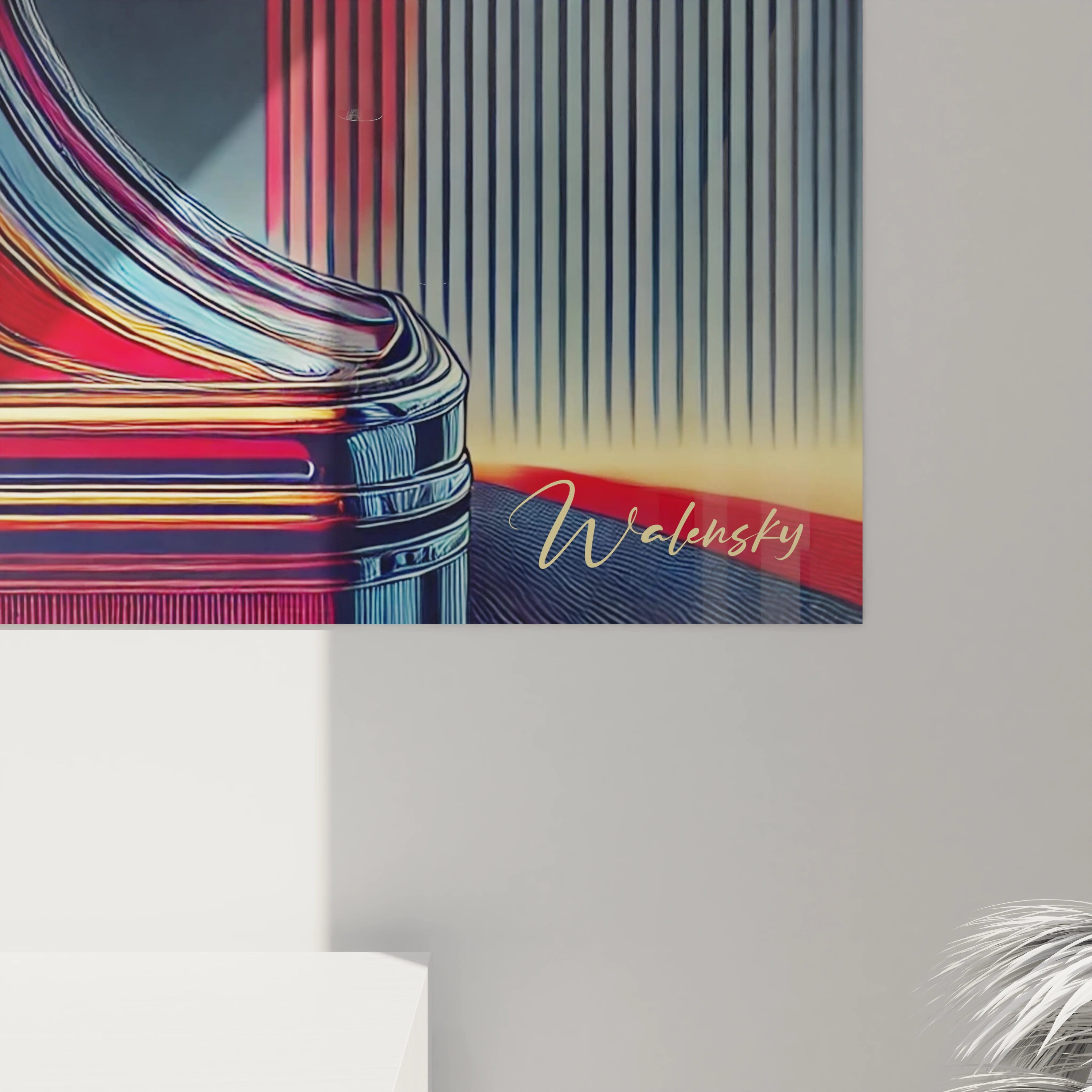 "Gros plan sur un angle du tableau en verre acrylique Pop Art / Rétro, mettant en valeur les détails artistiques et la finition brillante du verre. Art mural moderne et rétro pour décoration intérieure."