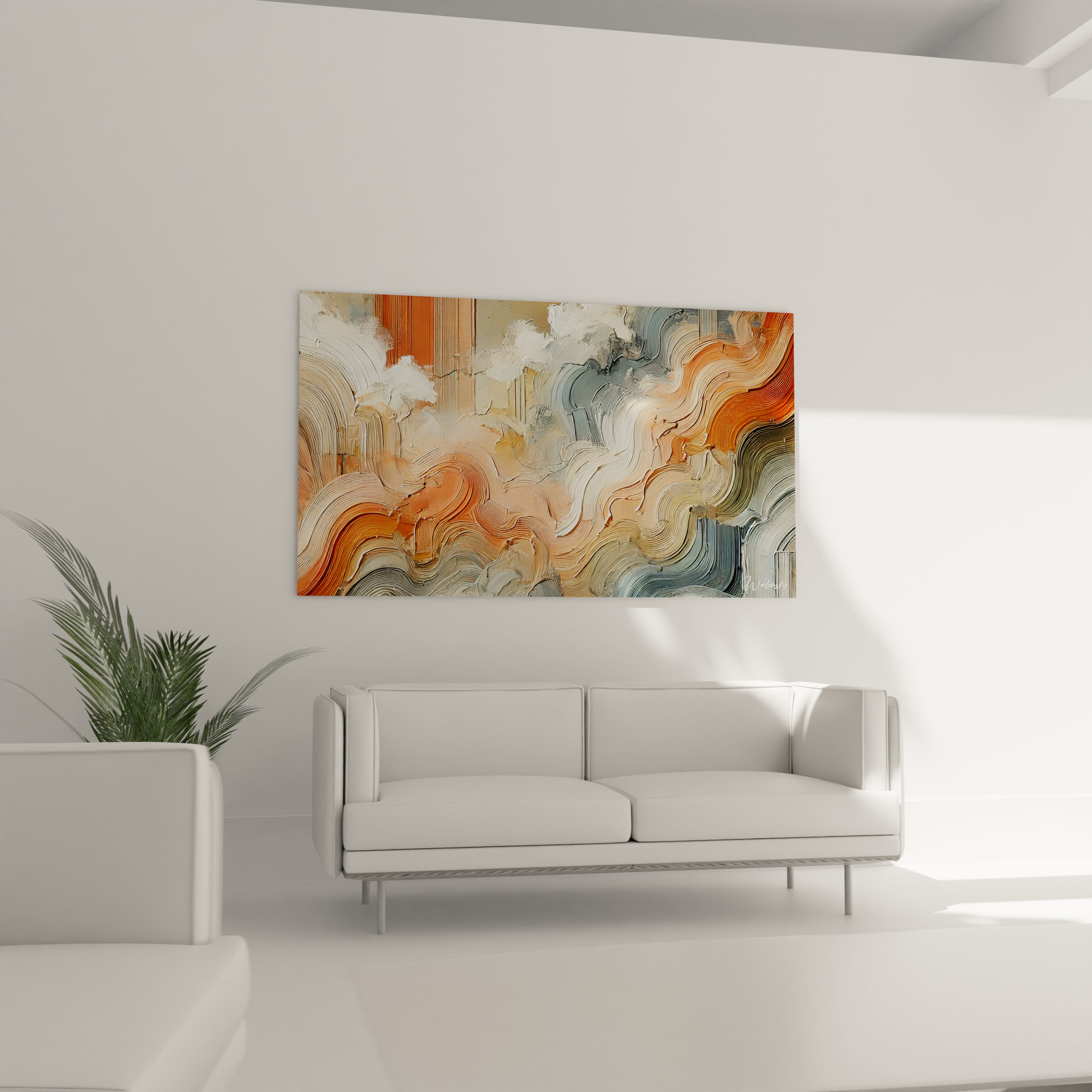 "Tableau 'Vagues d'Argile' dans un salon moderne, accroché au-dessus d'un canapé. Les couleurs ocre et argile ajoutent chaleur et profondeur à l'espace de vie."