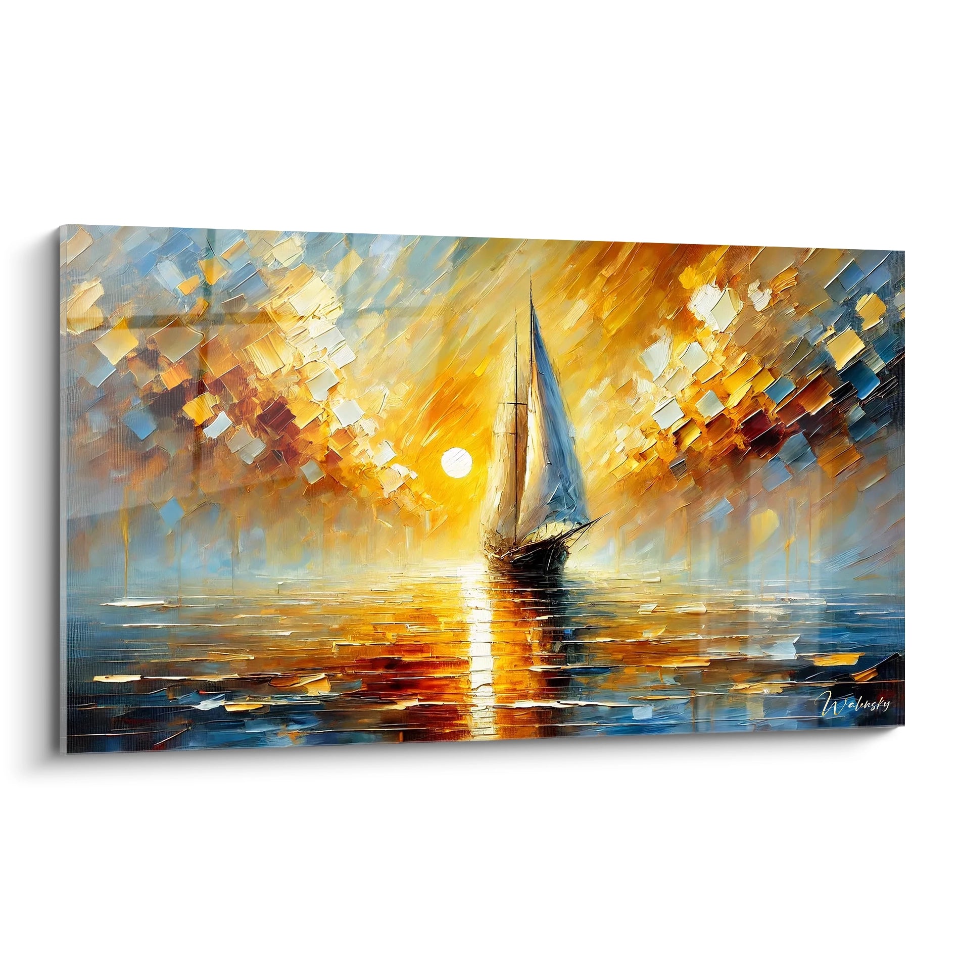 Admirez ce tableau éclatant de voilier naviguant vers un coucher de soleil. Des nuances de jaune, orange et bleu s’entremêlent pour une œuvre artistique vibrante et expressive. 🌅