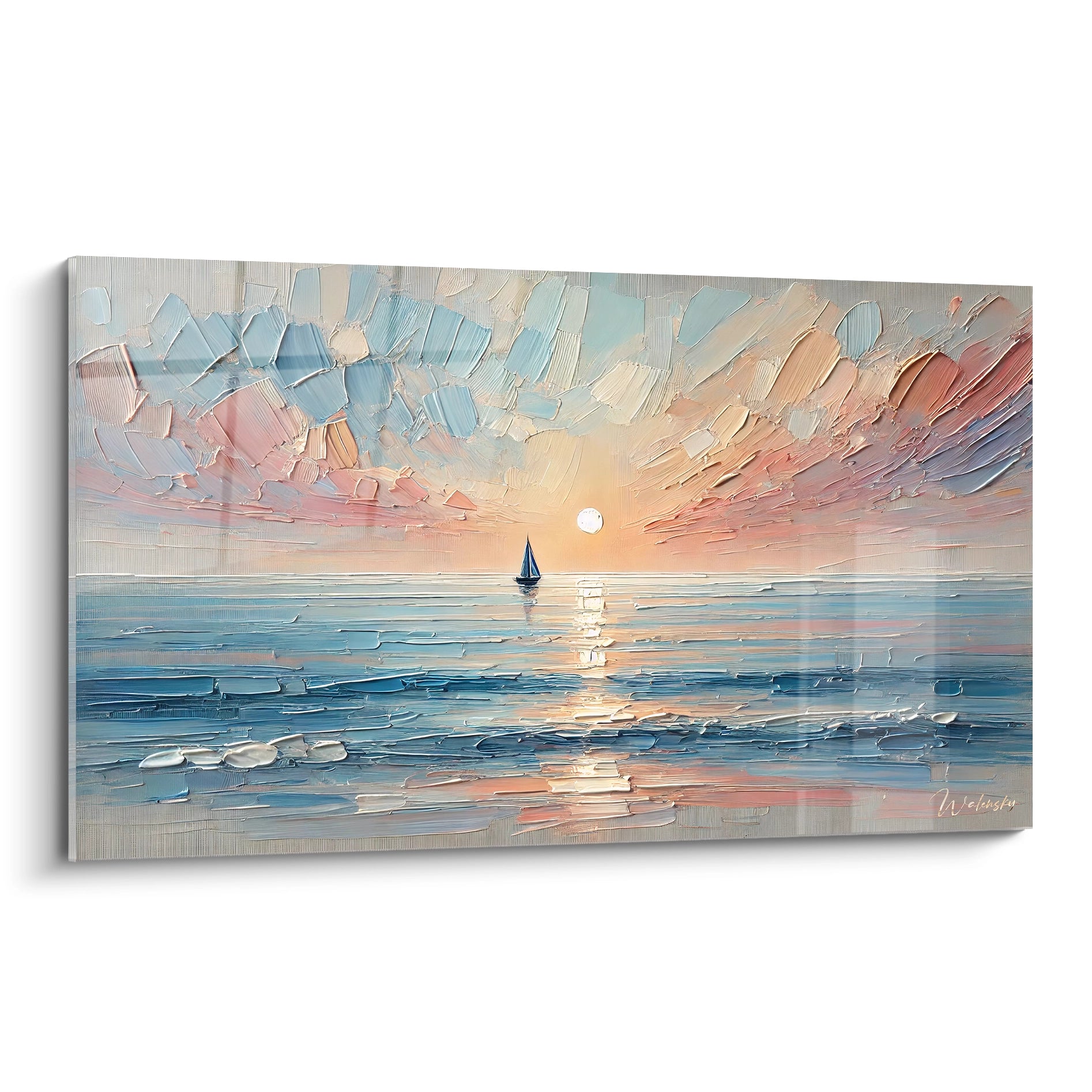 Tableau voilier solitaire au coucher du soleil, peinture en empâtement avec des couleurs pastel et des touches épaisses, offrant une texture unique et une ambiance sereine."