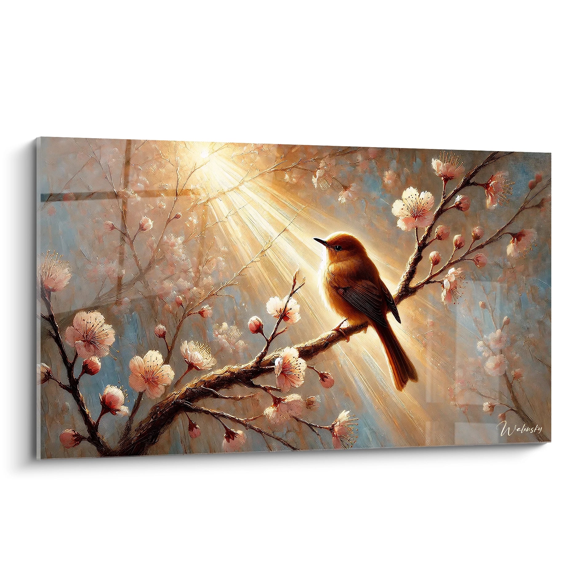  Découvrez ce tableau oiseaux magnifiquement illuminé, représentant un oiseau sur une branche de cerisier en fleur. La lumière dorée offre une ambiance douce et apaisante à cette œuvre poétique.