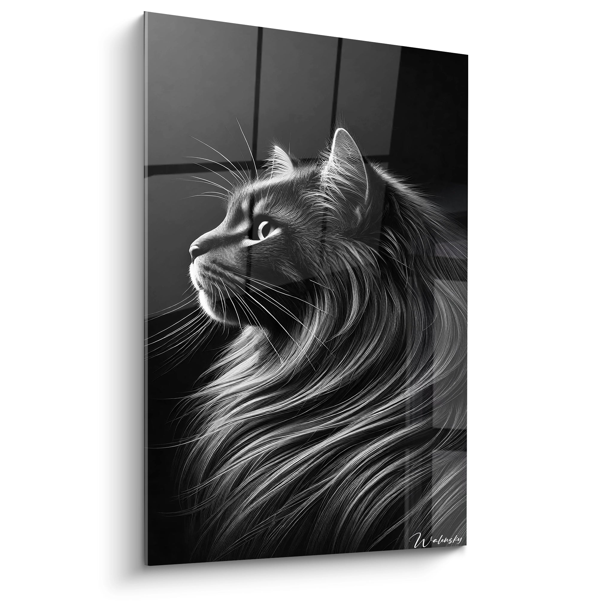 Découvrez le tableau chat vu de biais, mettant en avant le détail impressionnant de la fourrure du félin. Ce portrait animalier offre une dimension artistique unique, idéale pour un intérieur sophistiqué.

