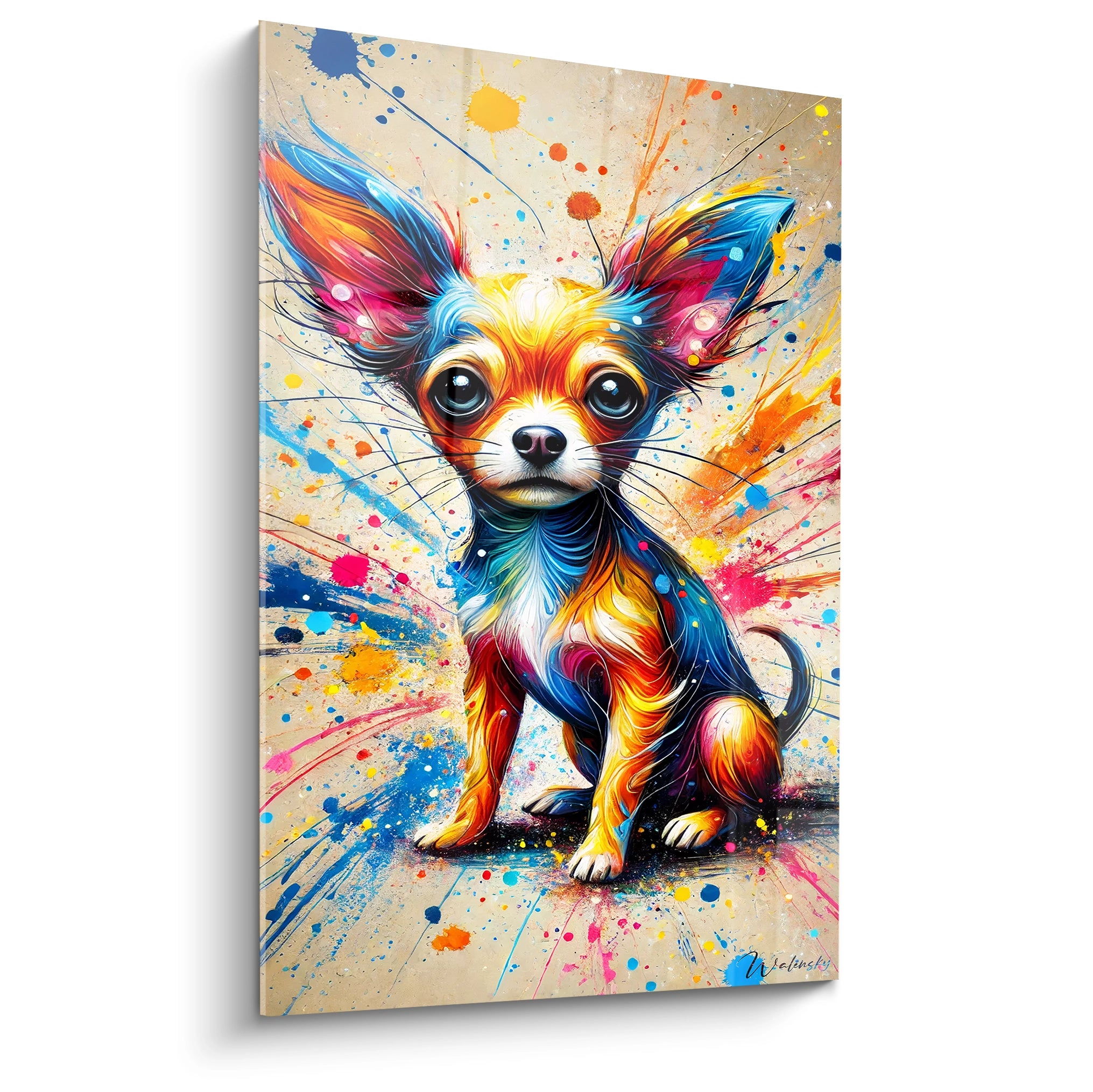 Ce tableau chien aux grandes oreilles est une œuvre abstraite contemporaine pleine de couleurs vives. Parfait pour ajouter une touche artistique et moderne a votre intérieur. Vue de biais pour mieux apprécier les details.

