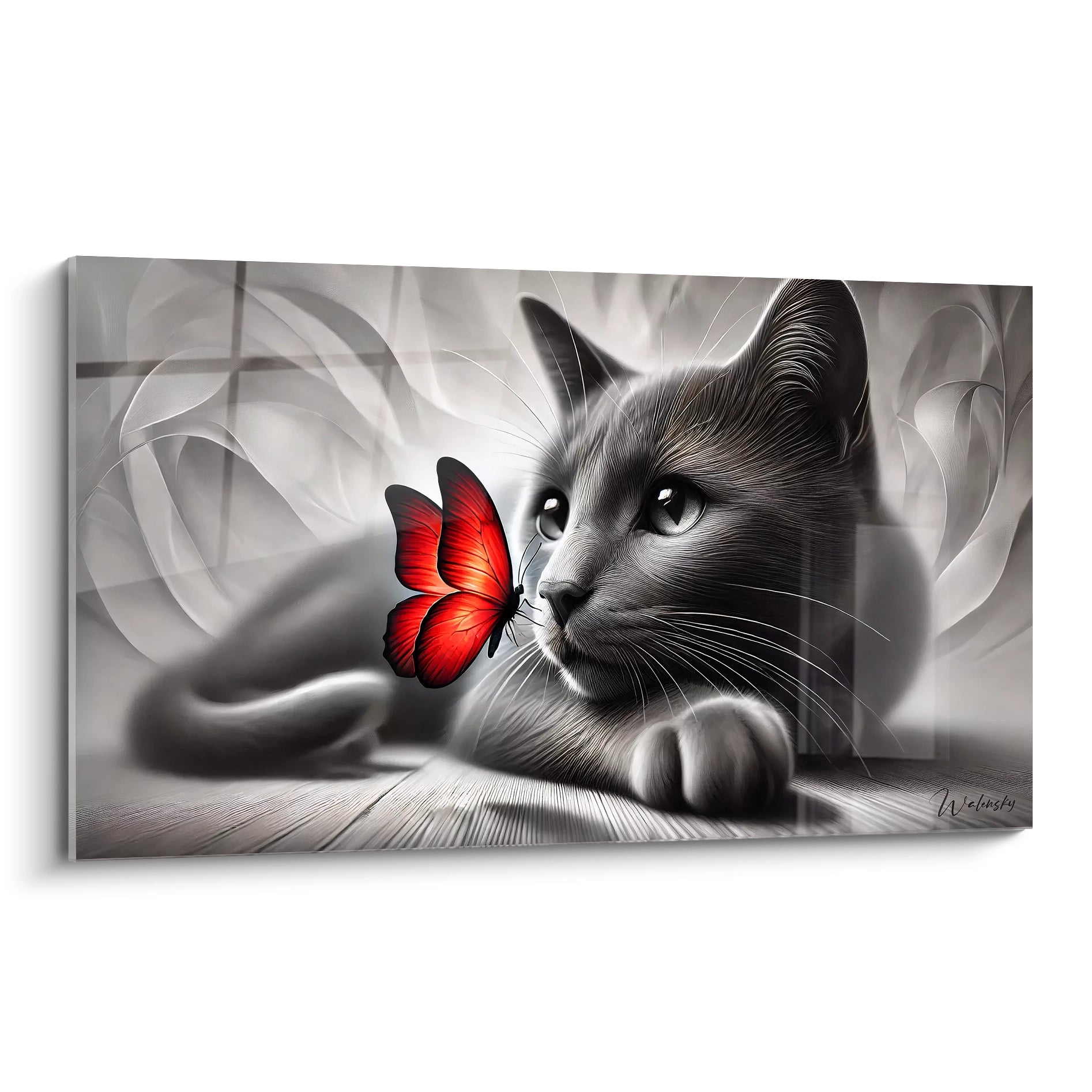  Ce tableau chat avec un papillon rouge vif est présenté en vue de biais, révélant les textures détaillées et les contrastes subtils entre le fond noir et blanc et la couleur écarlate du papillon.