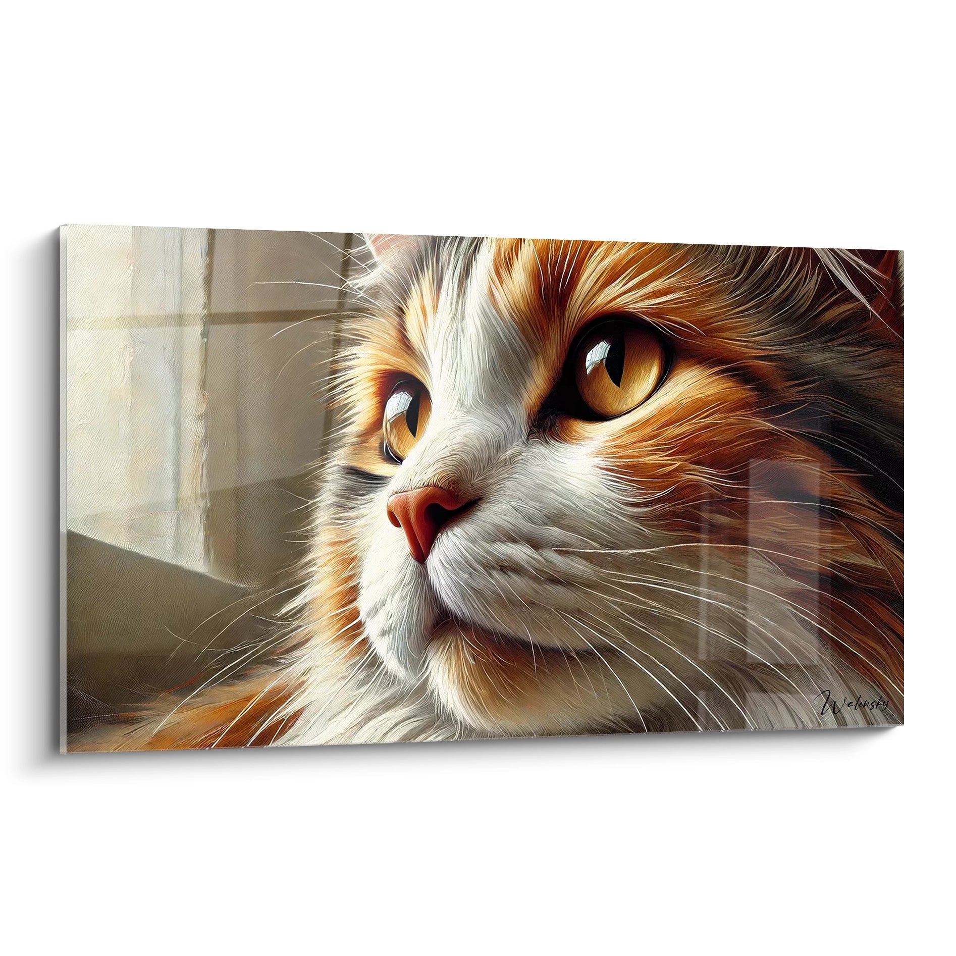 Admirez ce tableau chat réaliste vu de biais, avec un gros plan des yeux ambrés et du pelage soyeux. Parfait pour ajouter une touche d'élégance à votre espace de vie.