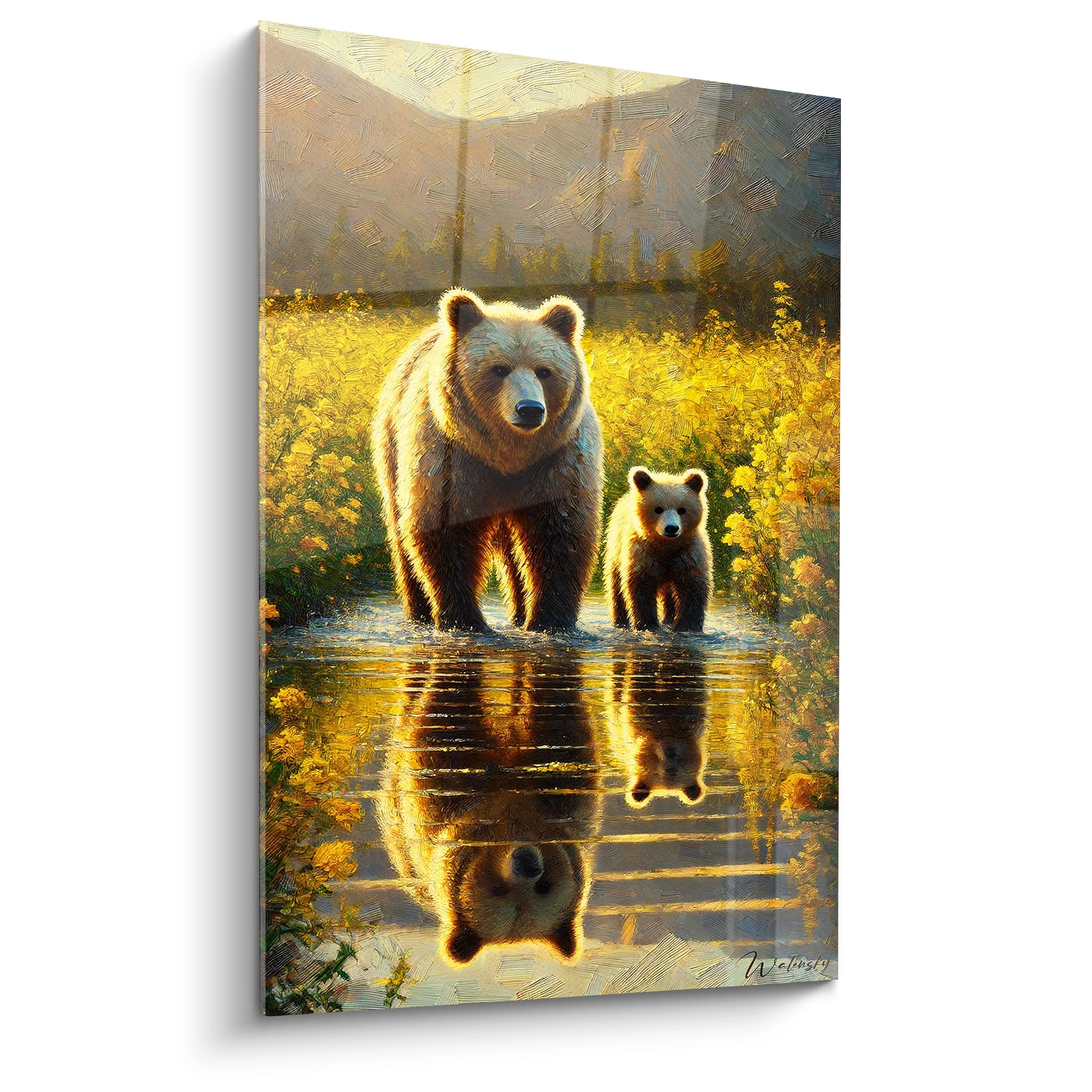 Ce tableau ours brun de biais revele la majestuosite des deux ours en pleine nature. Les couleurs dorees et la texture apportent une sensation de serenite et d’harmonie naturelle.