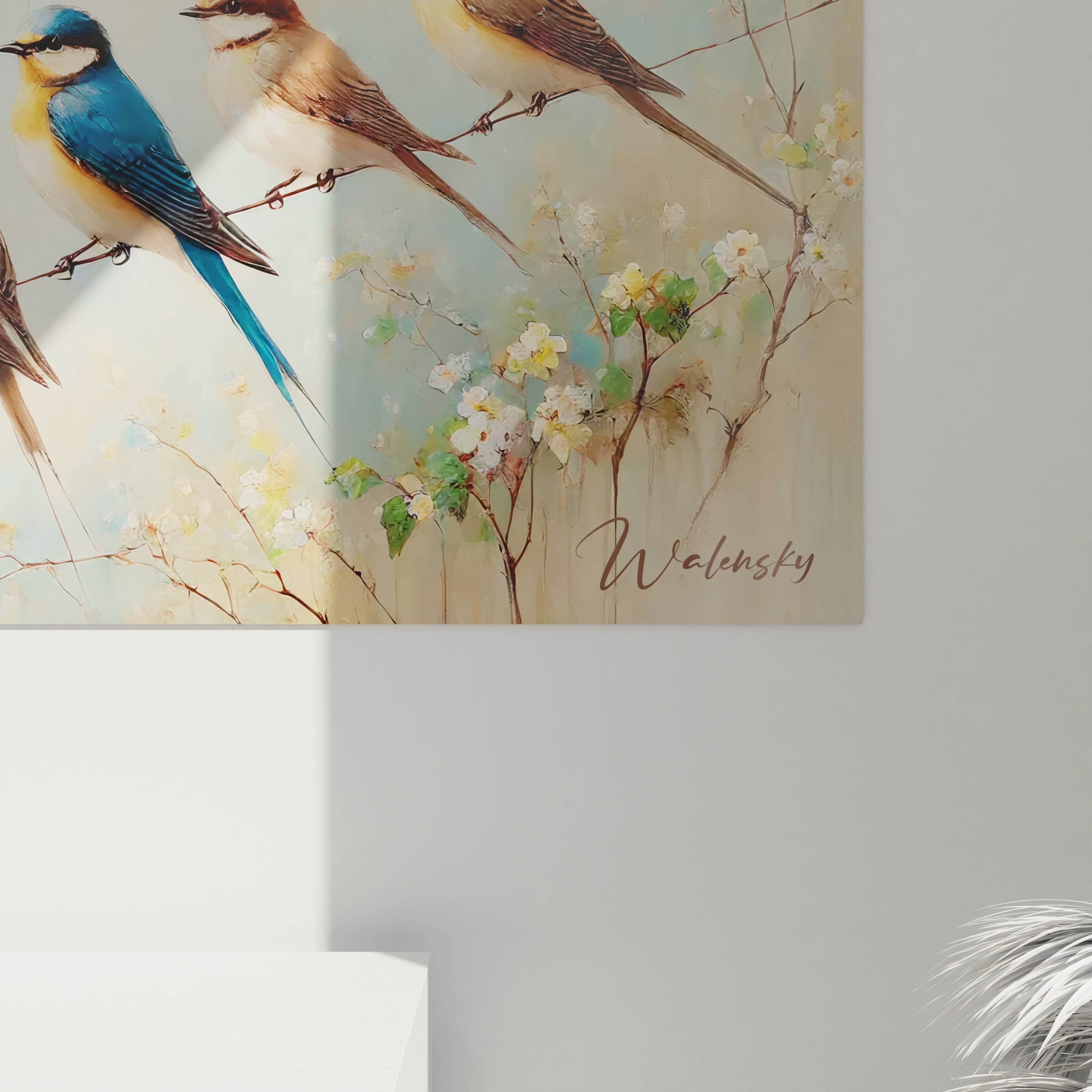 Ce tableau oiseaux dévoile de près des détails impressionnants, avec des textures réalistes de plumes et des expressions uniques. Chaque oiseau semble prendre vie dans cette composition colorée.
