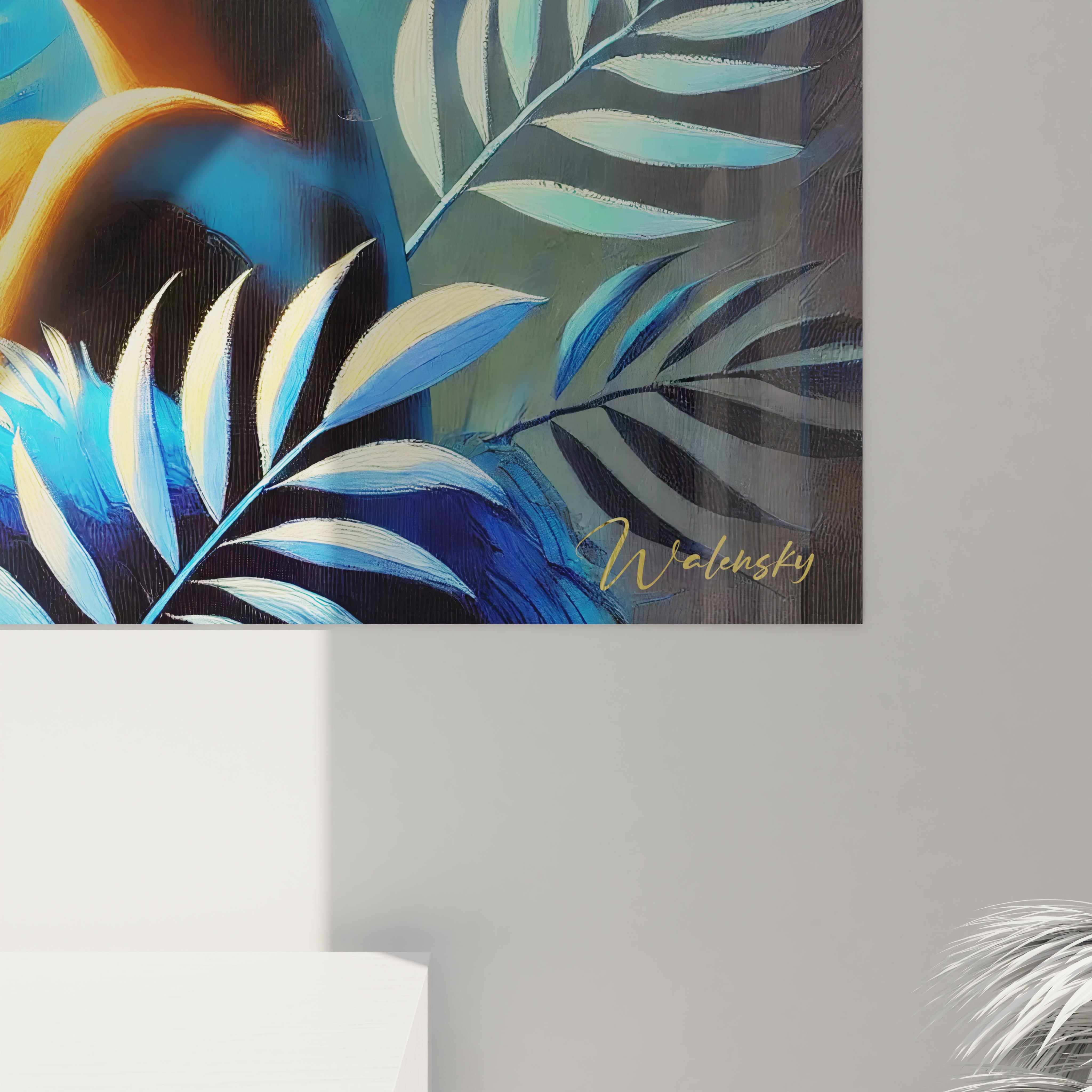 Admirez de pres les details captivants de ce tableau perroquet. Le contraste entre les plumes bleu et jaune et le fond tropical offre une profondeur visuelle et une serenite unique.