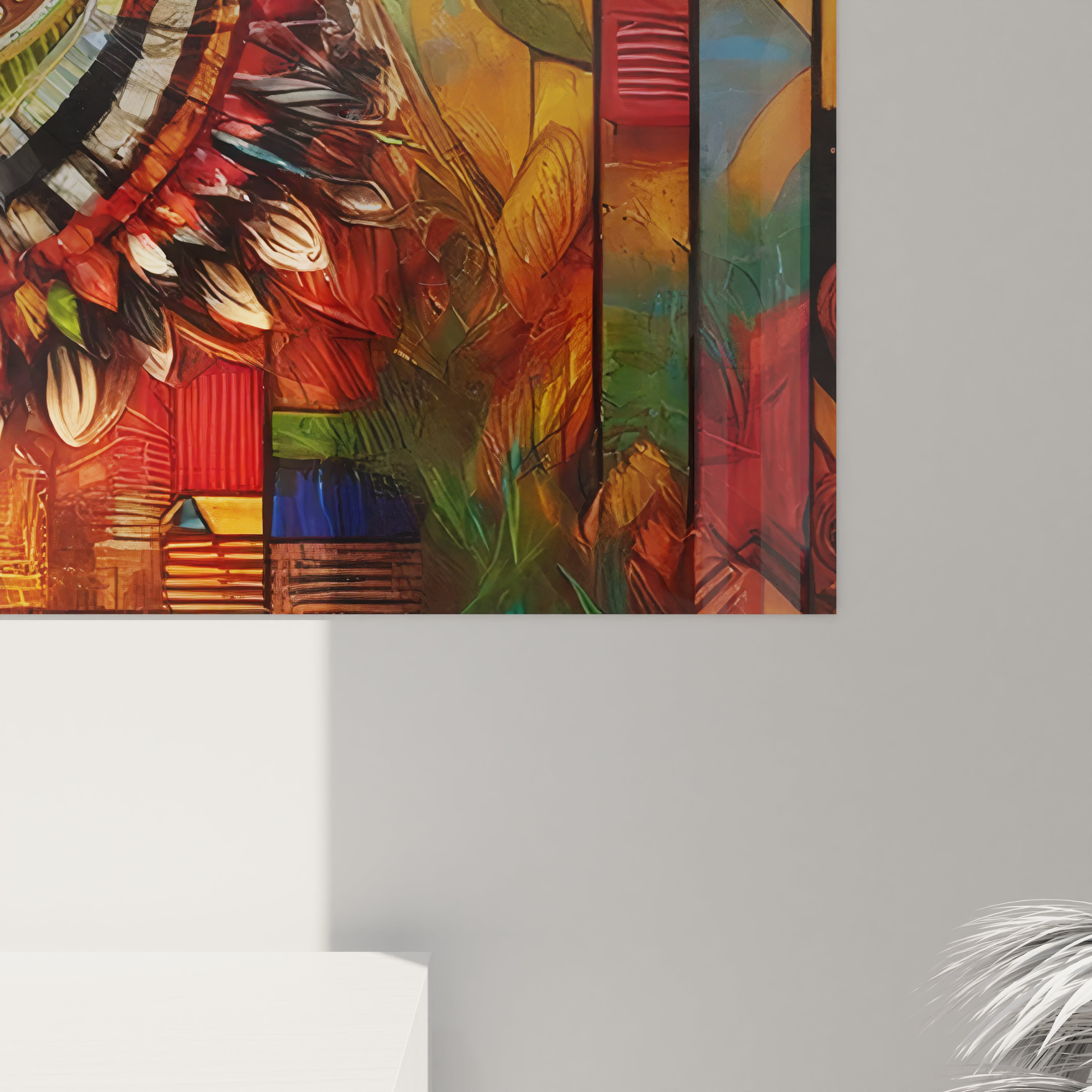 "Vue de près du tableau en verre acrylique premium de la collection Africa, mettant en évidence les détails exquis et la qualité exceptionnelle des motifs africains. Ce tableau en verre acrylique est une pièce unique pour une décoration intérieure moderne, idéale pour les galeries d'art, les halls d'entrée et les espaces de réception."