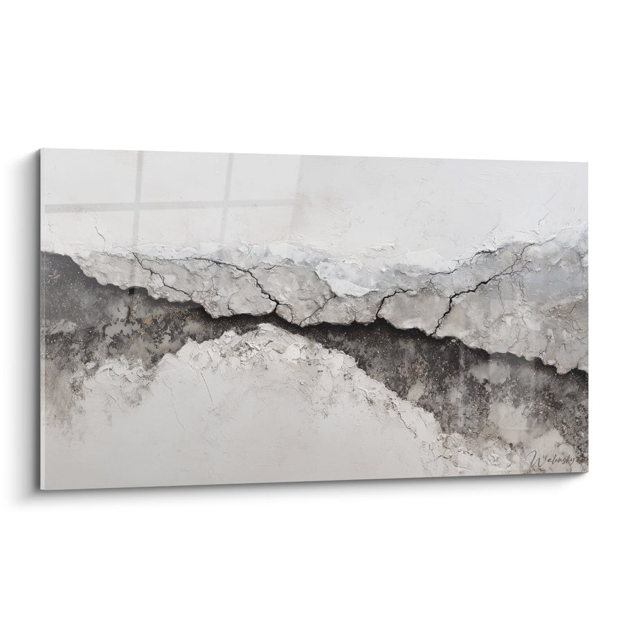 Tableau abstraction minérale grise et blanche aux textures craquelées - Erosion - Edition Feng shui Nord-Ouest Métal