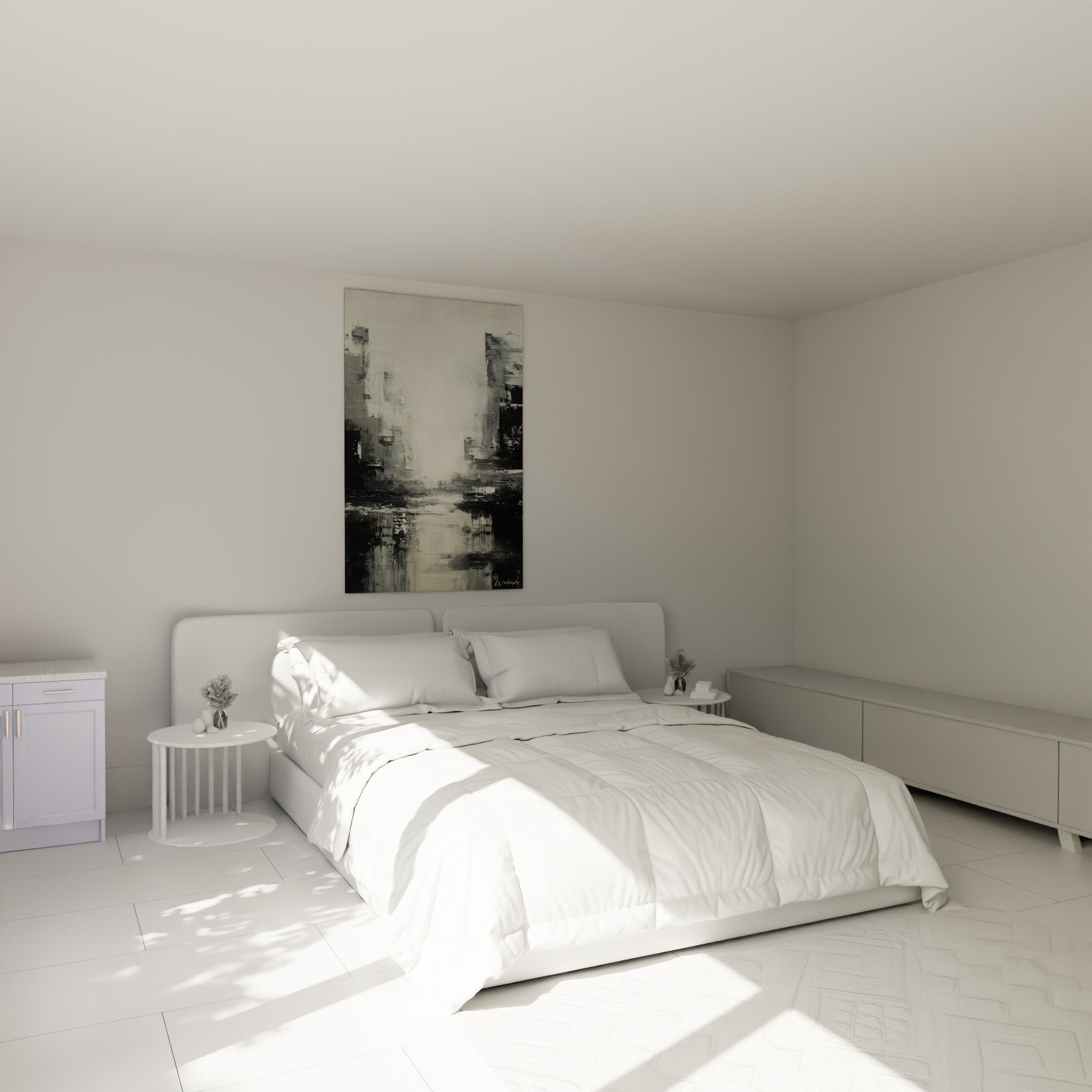 Œuvre abstraite gris anthracite dans chambre moderne minimaliste ambiance apaisante feng shui ouest métal