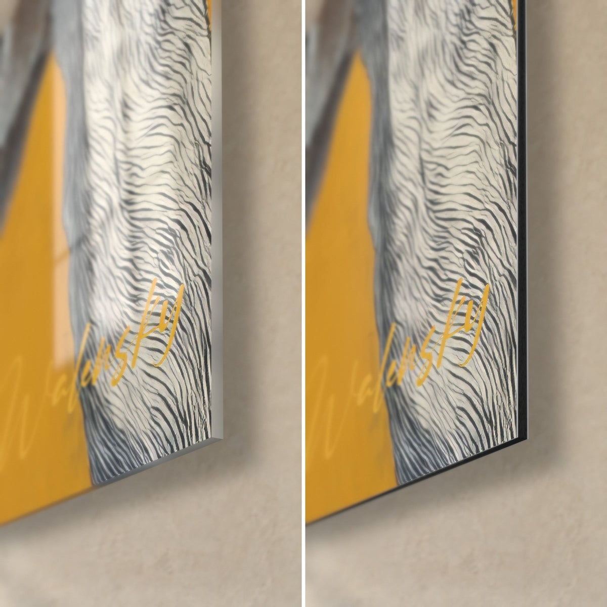 Wall art greyhound with white coat streaked in grey, lower right corner in glossy glass and matte Dibond aluminium, gold signature on ochre