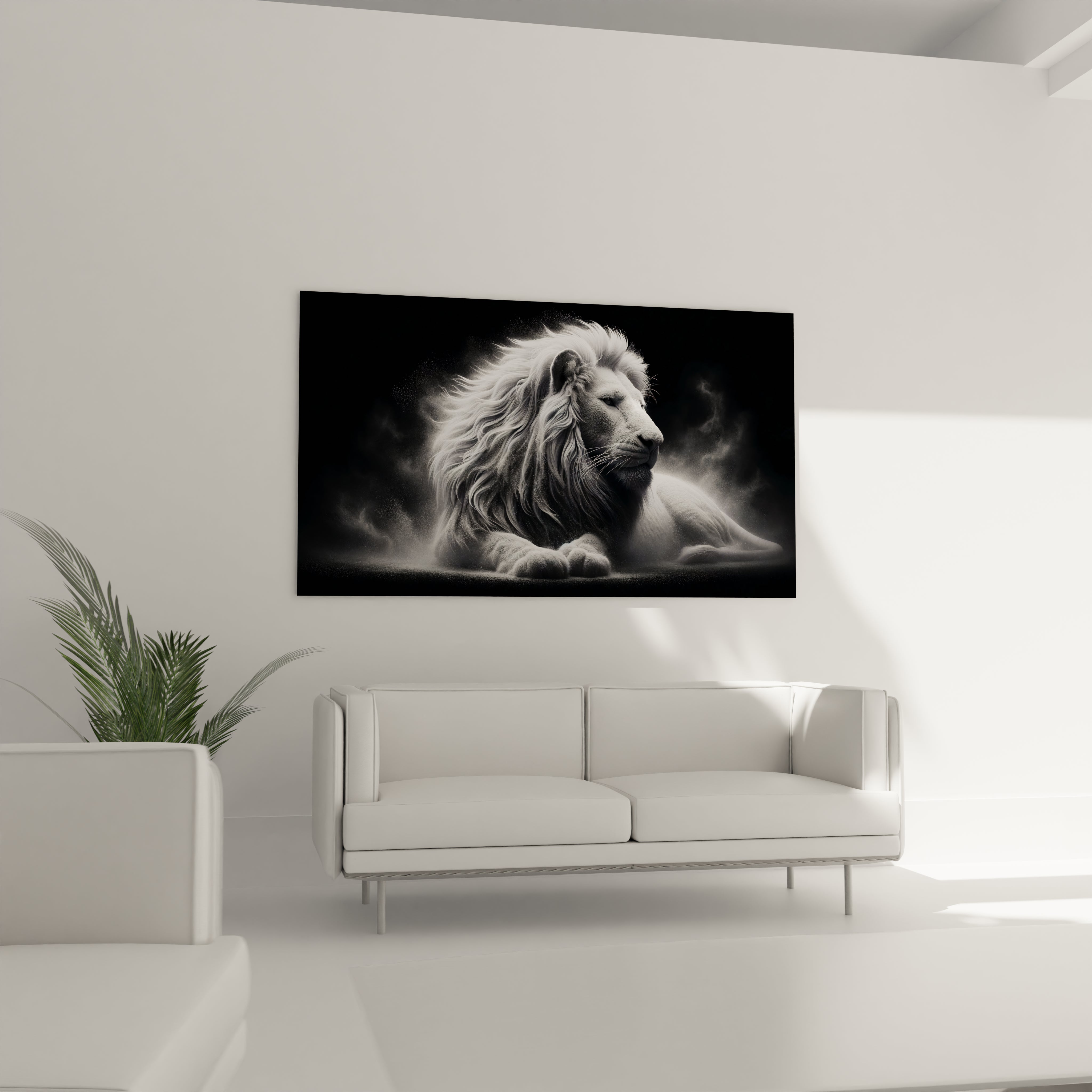 Image artistique d'un lion blanc serein, montrant des détails précis et une profondeur de couleur grâce à l'impression sur verre acrylique.