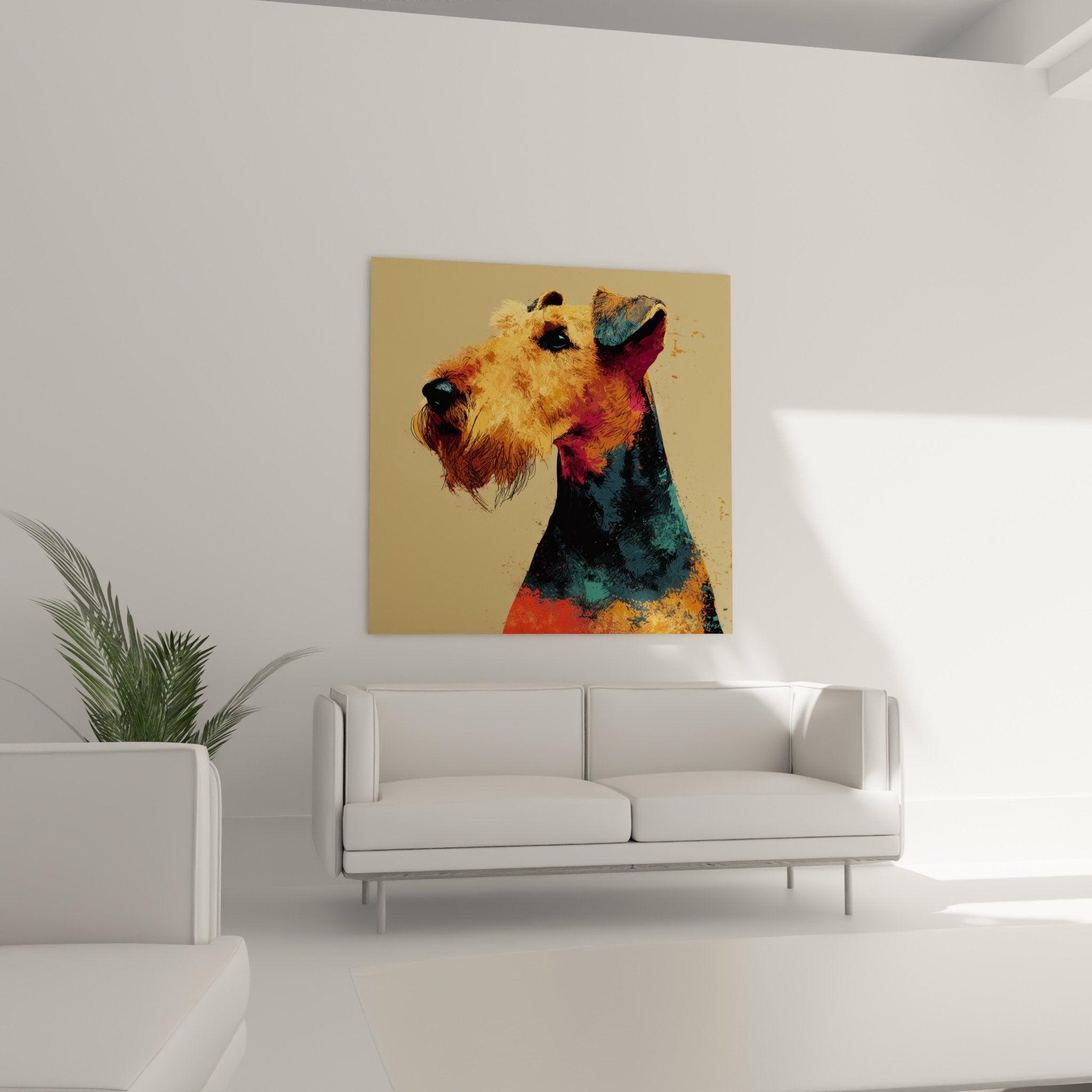 Detailaufnahme des Airedale-Terrier-Porträts mit goldenen Nuancen und künstlerischen Farbprojektionen